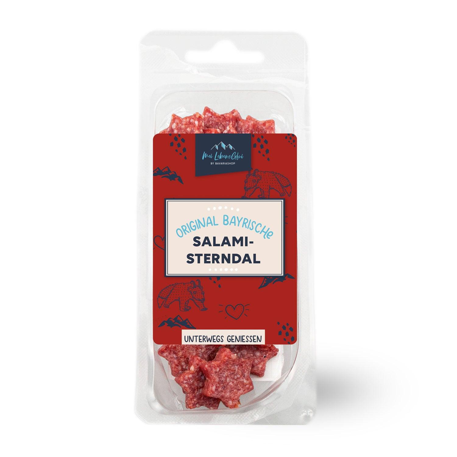 Verpackte original bayrische Salami-Sterndal in einer roten Weihnachtsbox "Nikolaussackerl", Snacks.