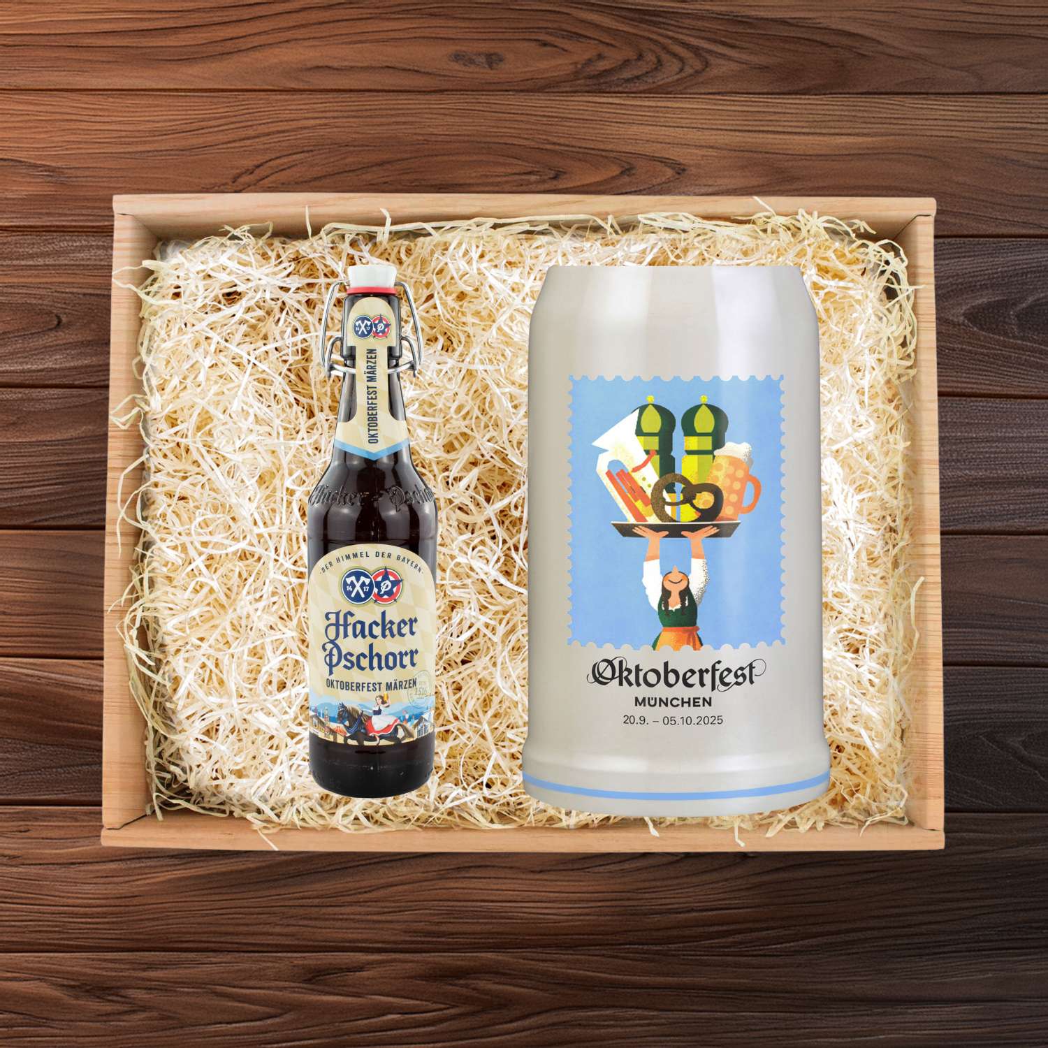 Oktoberfest-Box Wiesnkrug und Bier mit Hacker Pschorr Märzen und Keramik-Krug im Heu-Bett, Geschenkidee