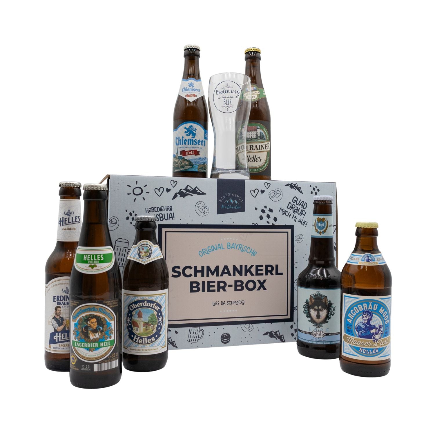 Geschenkbox "Schmankerl" mit sechs bayerischen Biersorten und einem leeren Bierglas.
