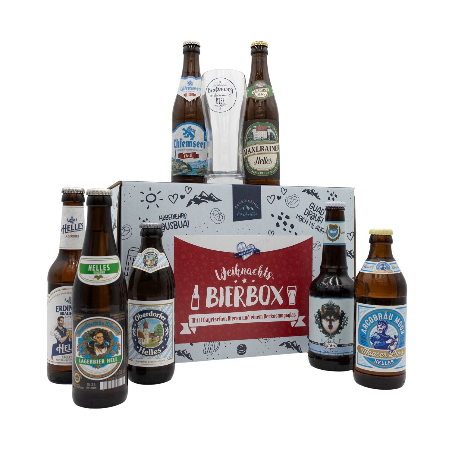 Bayerische Weihnachts Bier-Box mit elf verschiedenen Bieren und stilvollem Verkostungsglas in festlicher Verpackung.