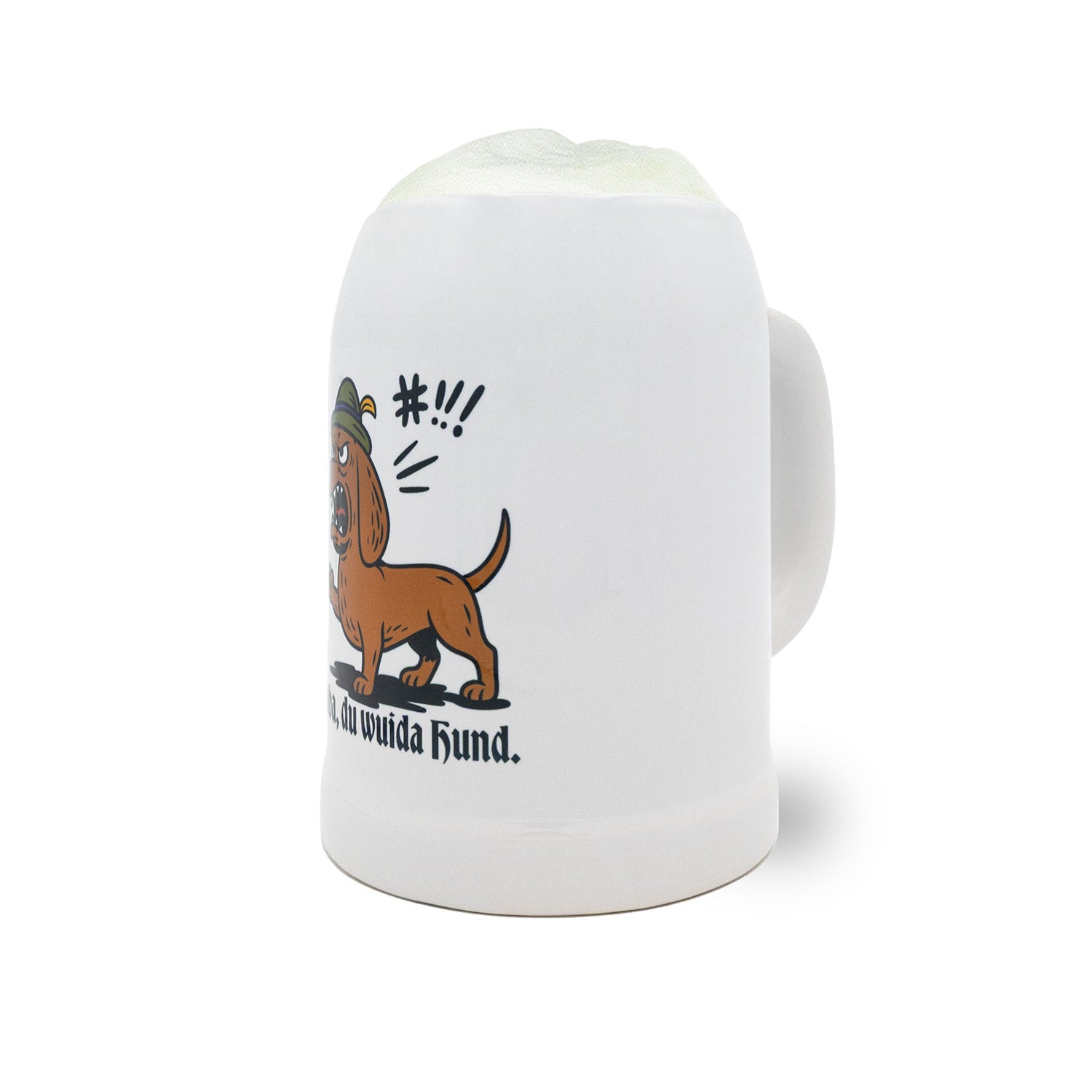 Weißer Bierkrug Baba, du wuida Hund mit lachendem Dackelmotiv und Schaumkrone, bayerisches Design.