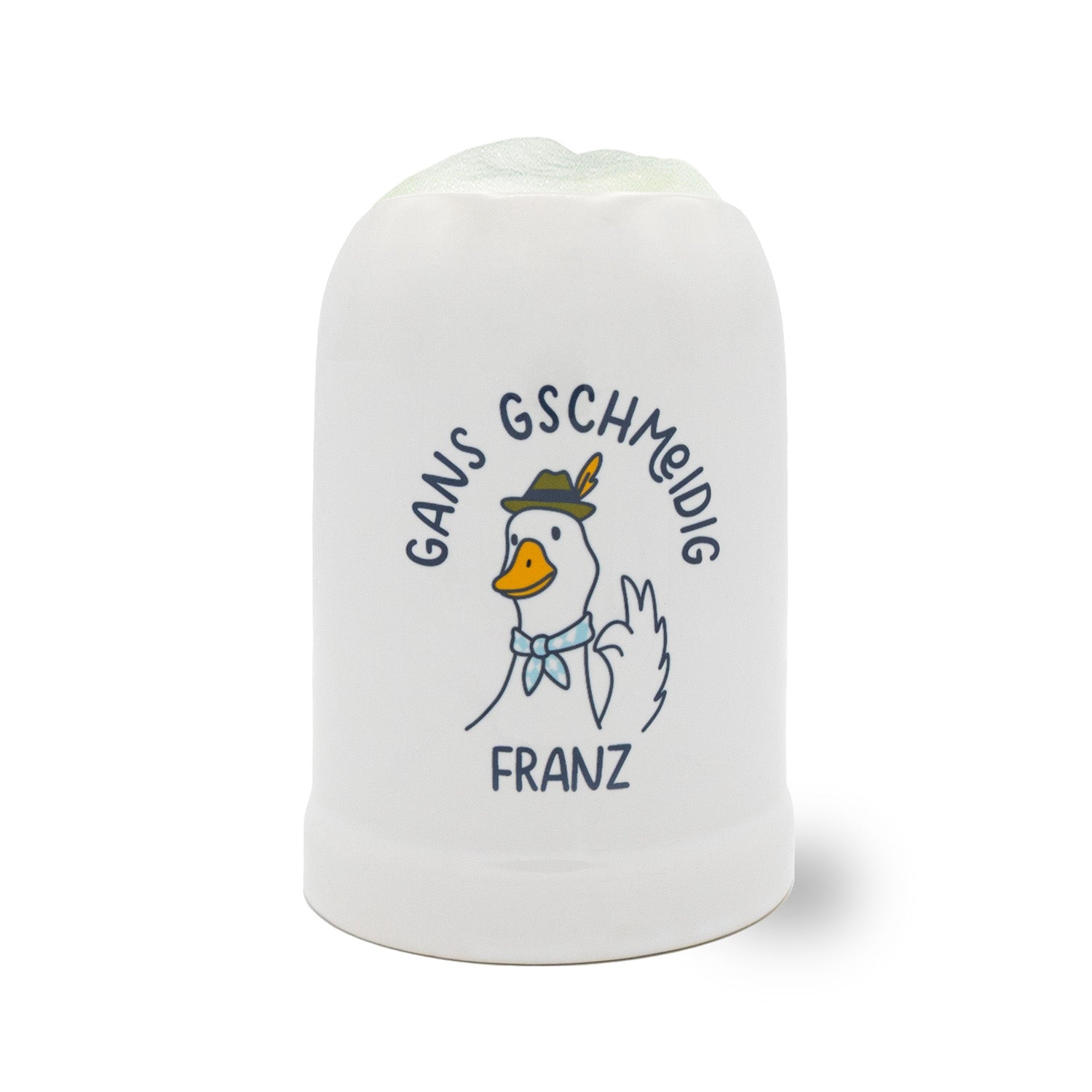 Weißer personalisierbarer Bierkrug "Gans Gschmeidig" mit Cartoon-Gans und blauem Text "FRANZ".