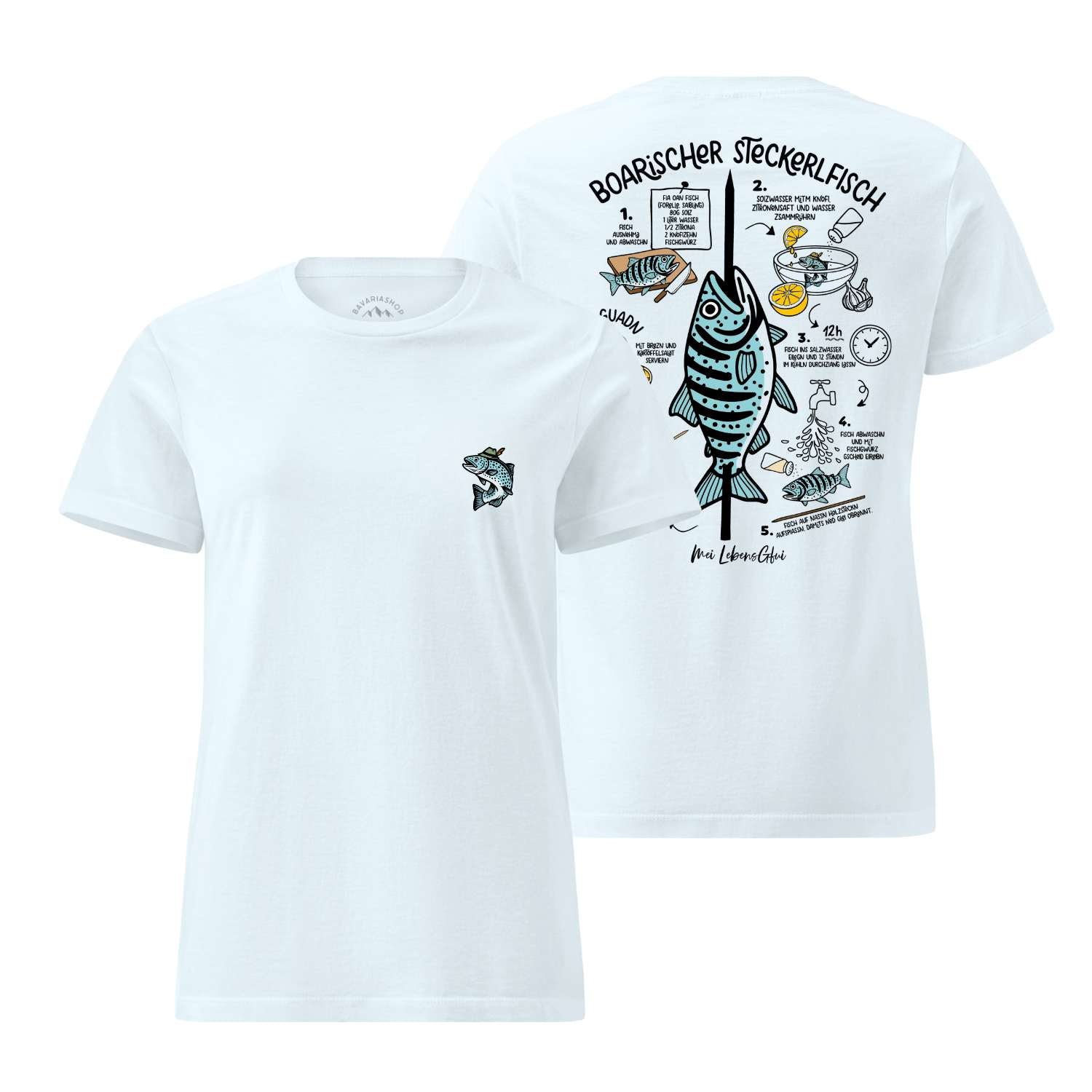 Vorder- und Rückansicht des weißen Damen T-Shirts "Boarischer Steckerlfisch" mit Fisch-Rezept-Aufdruck.