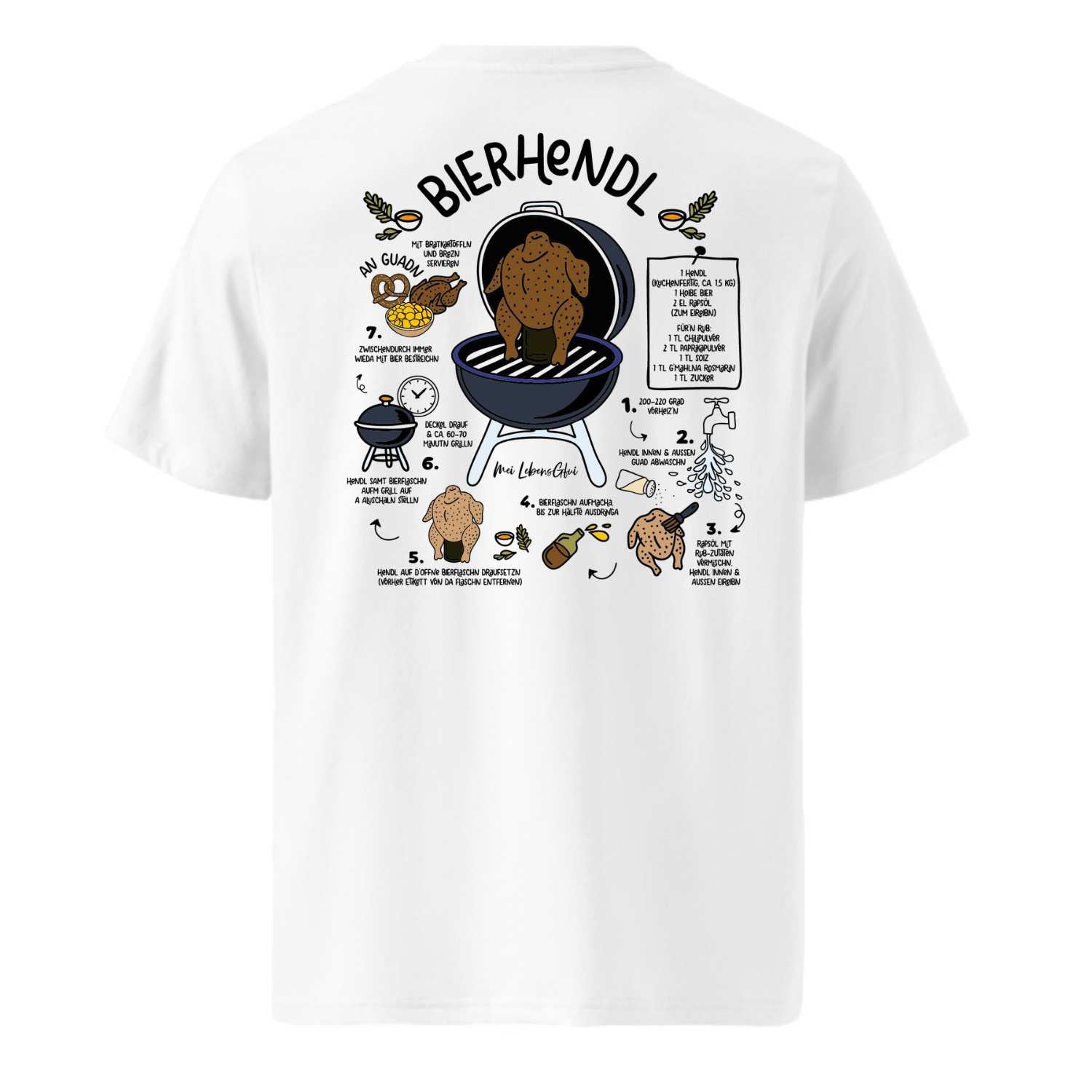 Herren Rezept T-Shirt "Bierhendl" mit detaillierter Anleitung zum Grillen eines Bierhähnchens.