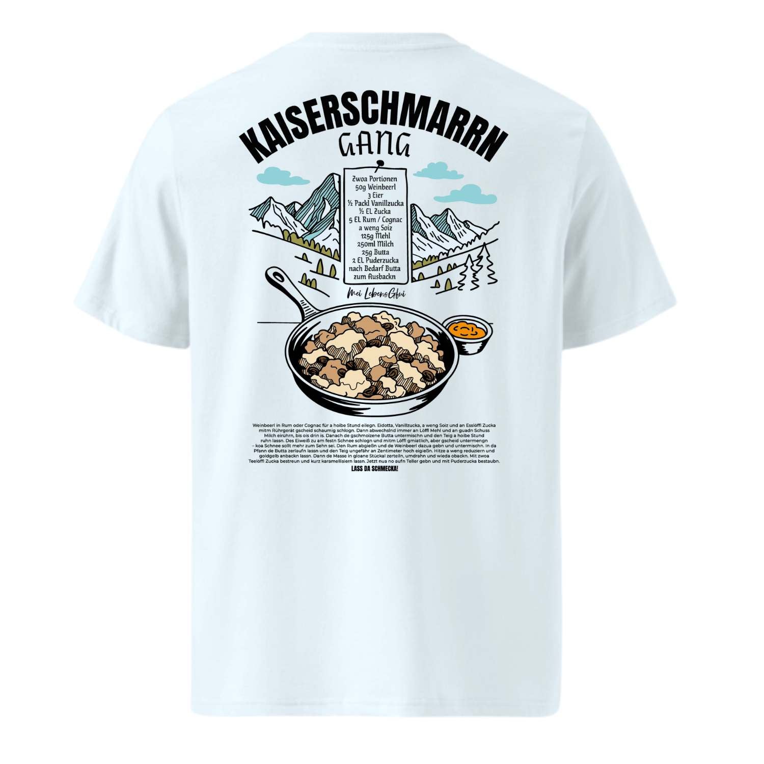 Herren Rezept T-Shirt Kaiserschmarrn Gang mit Kochrezept und alpiner Berglandschafts-Illustration.