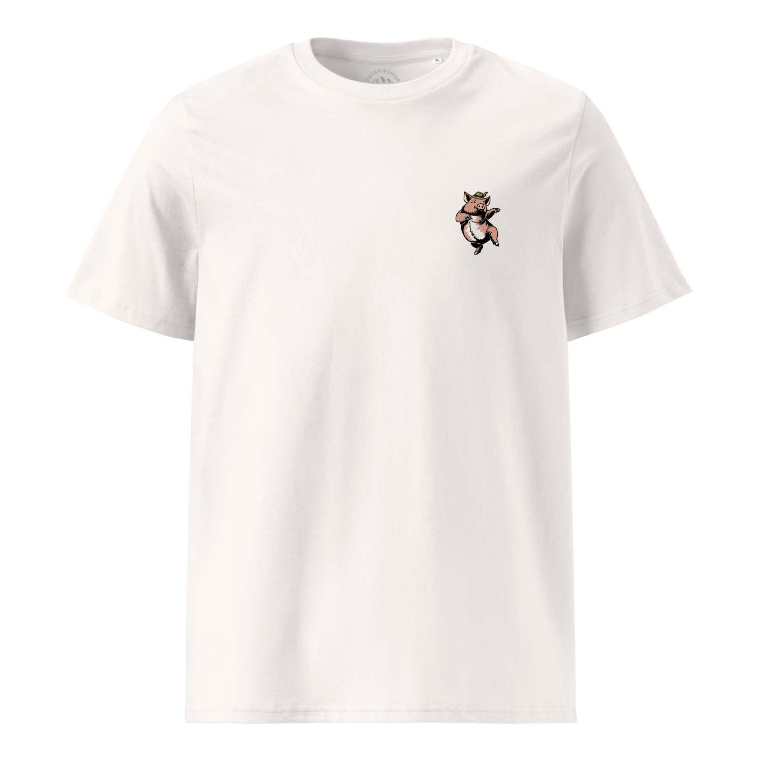 Weißes Herren Rezept T-Shirt "Schweinsbraten" mit lustigem Schweinchen-Motiv und Hut auf der Brust.