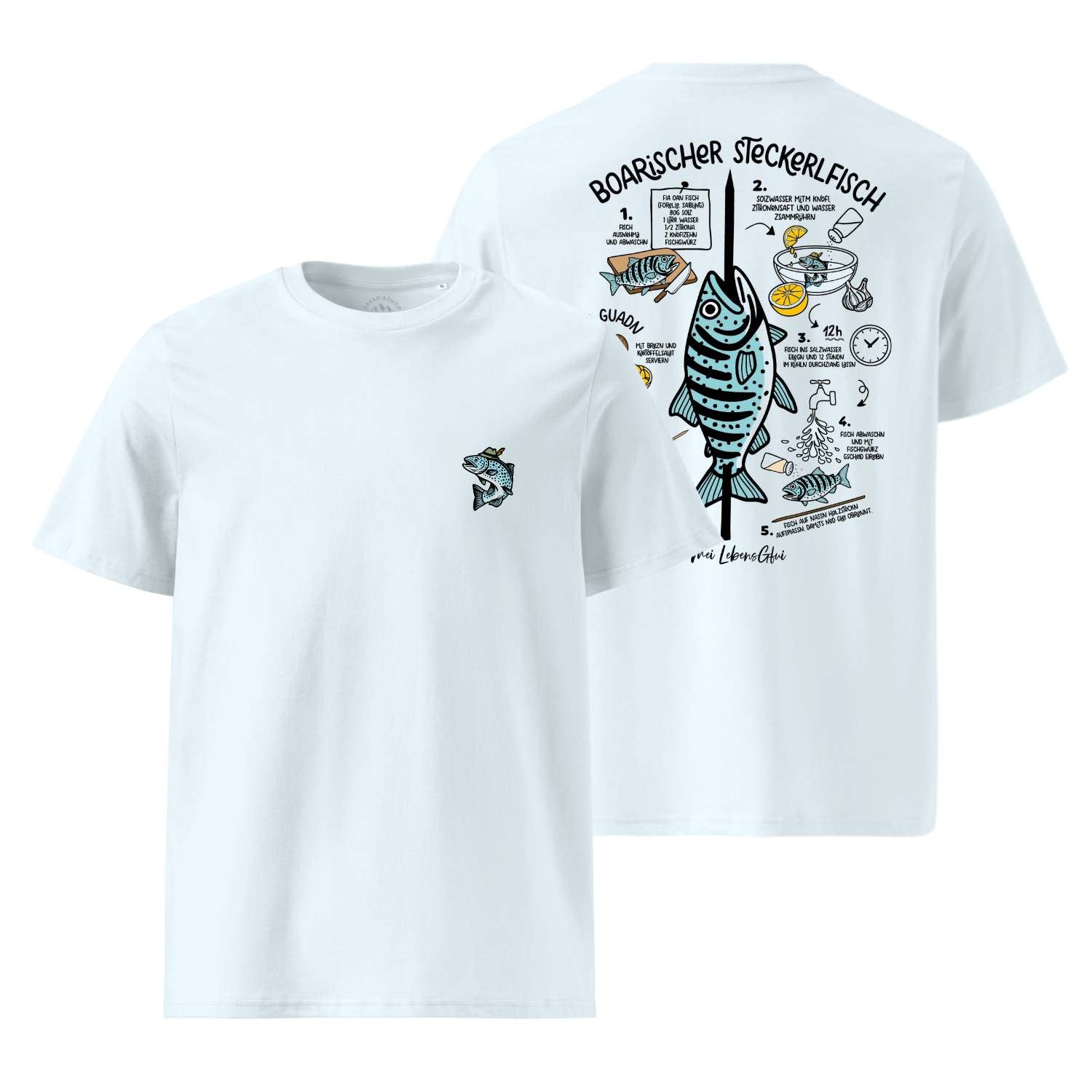 Herren T-Shirt Boarischer Steckerlfisch, weiß mit Fisch vorne und Rezept-Anleitung auf dem Rücken.