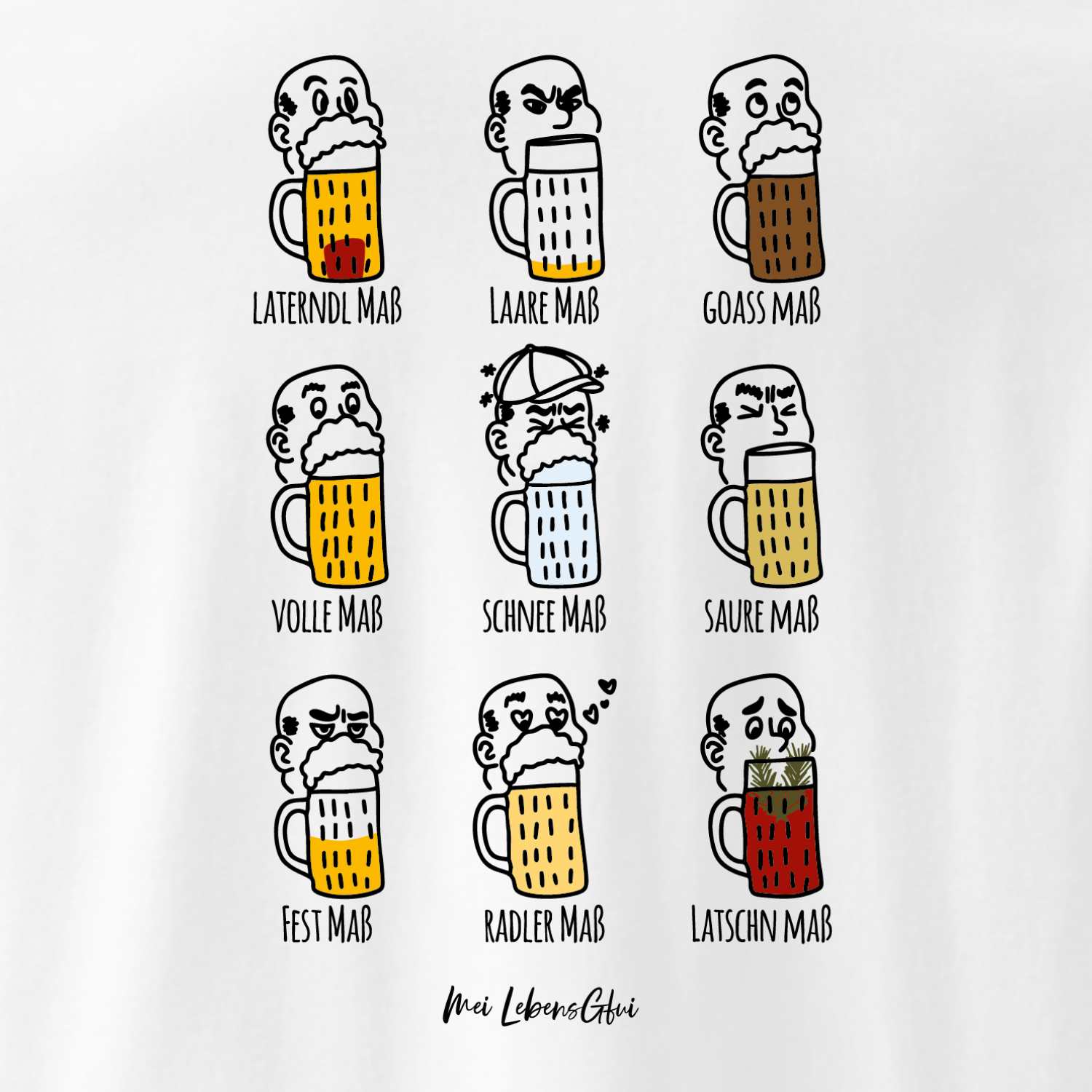 Damen Rezept T-Shirt Pack Maß mit verschiedenen, humorvoll dargestellten Bierkrügen und bayerischer Aufschrift.