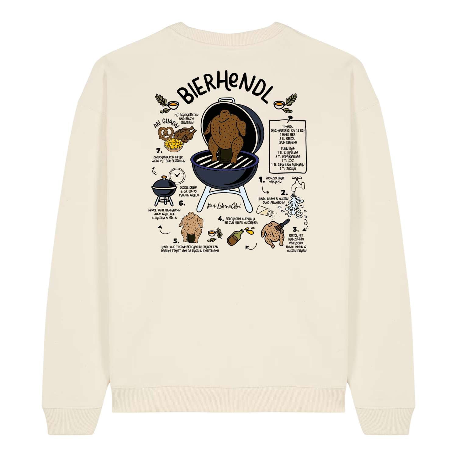 Cremefarbener Herren Rezept Pullover Bierhendl mit detaillierter Anleitung für Bierhähnchen vom Grill und bayerischem Spruch.