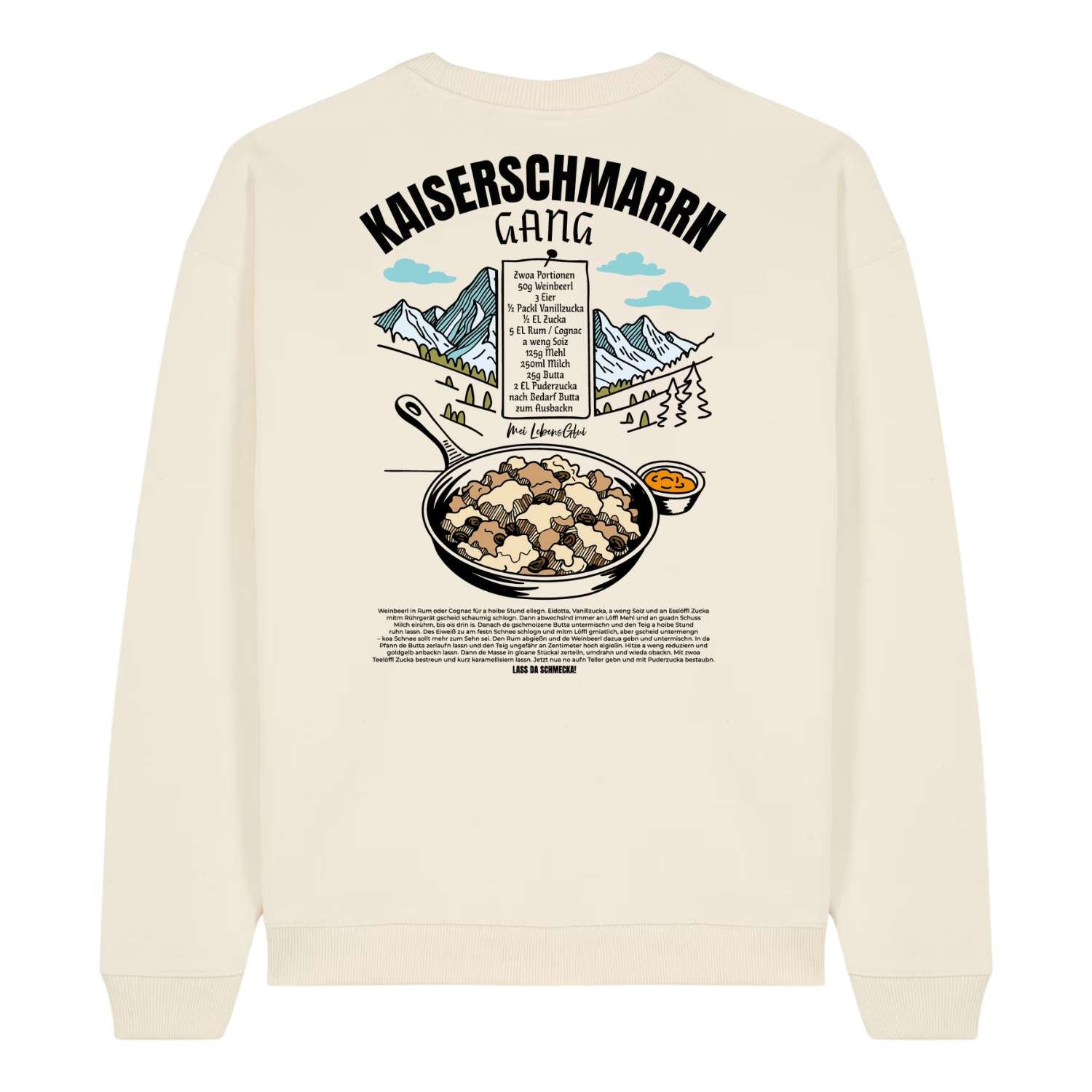 Herren Rezept Pullover Kaiserschmarrn Gang mit Illustration, Text und Kochrezept auf beigefarbenem Stoff.