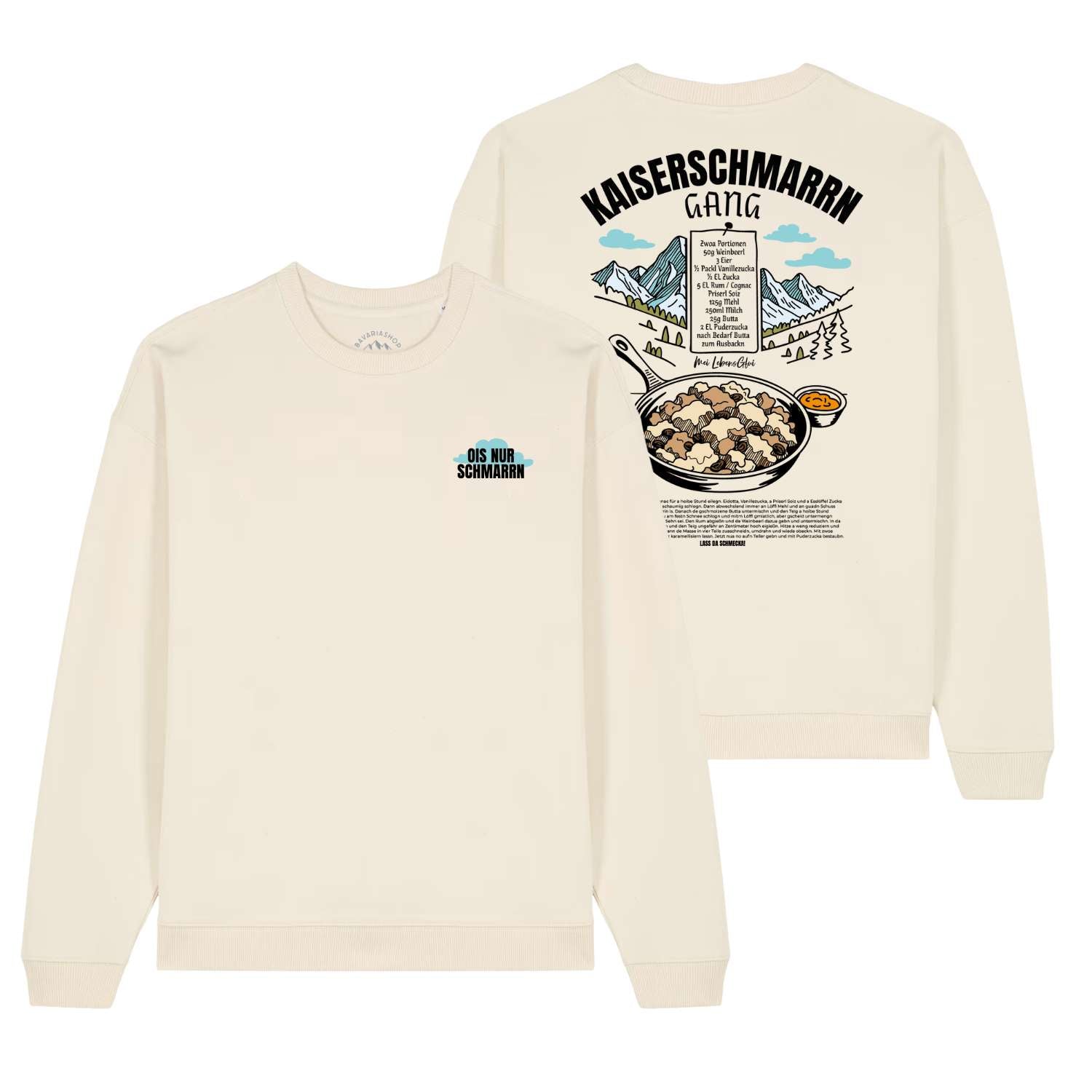 Herren Rezept Pullover "Kaiserschmarrn Gang" in Naturweiß mit Schmarren-Rezept-Aufdruck und Bergmotiv.