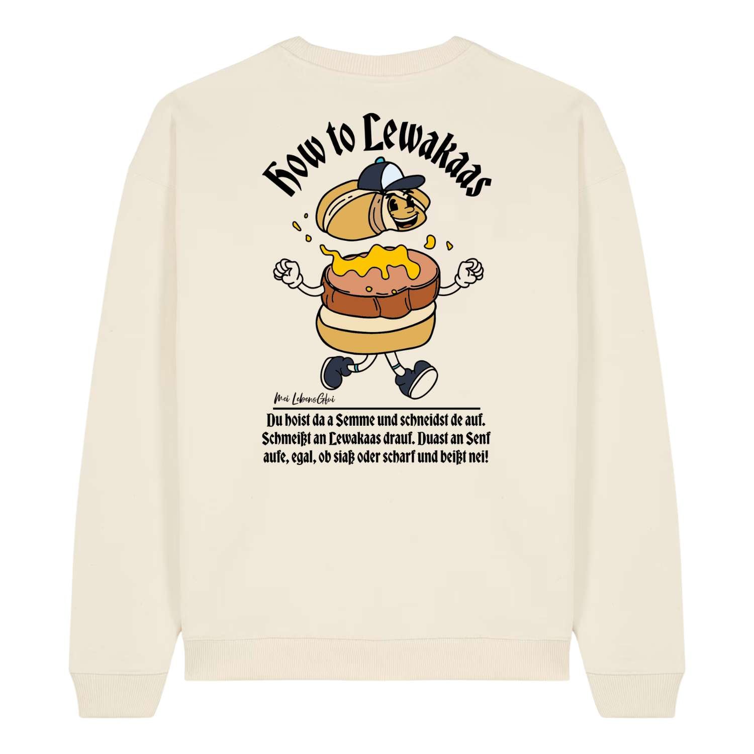 Herren Rezept Pullover Lewakaas beigefarben mit lustigem "How to Lewakaas" Sandwich-Cartoon und Text.