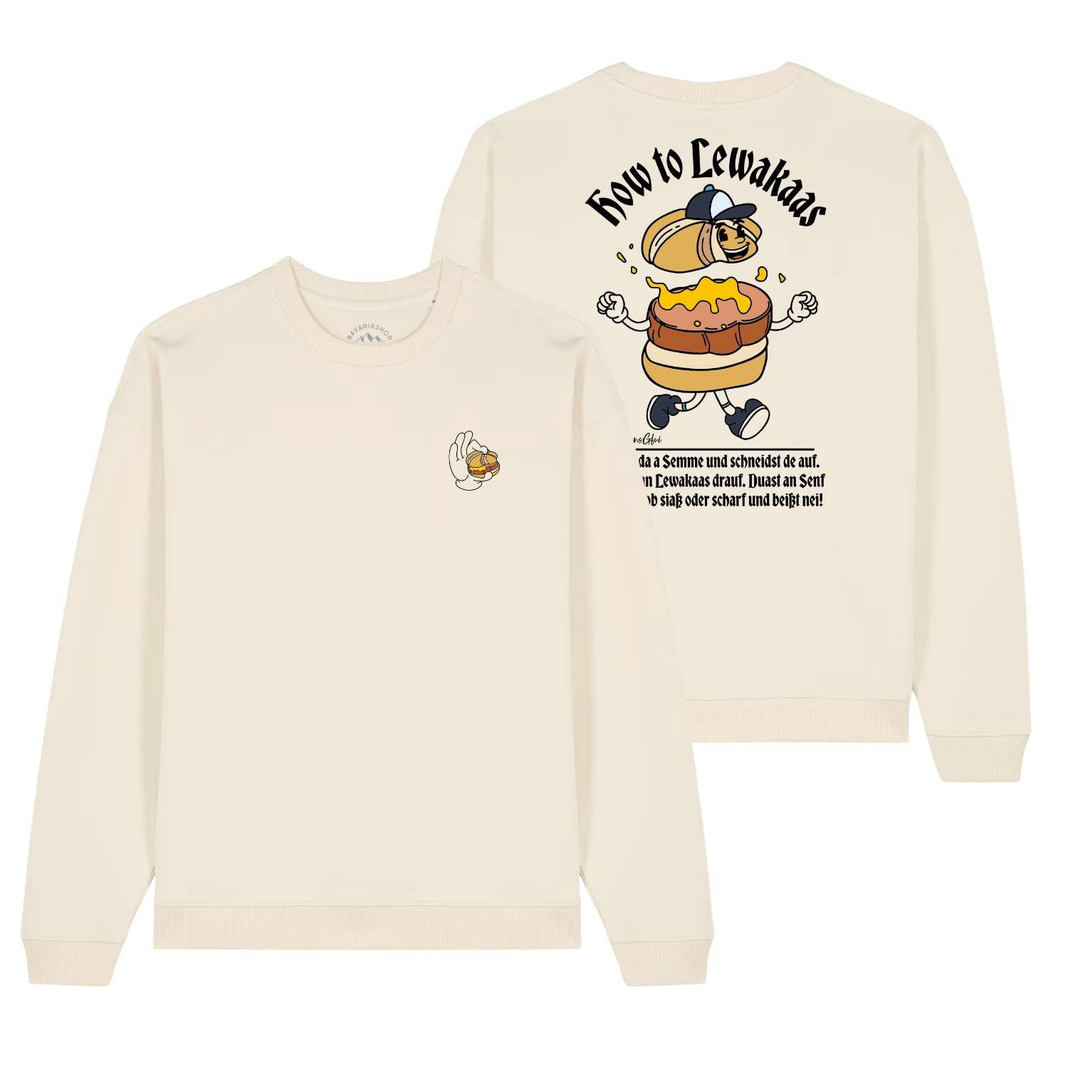 Herren Rezept Pullover Lewakaas creme vorne mit kleiner Brezel, hinten großer witziger Leberkäse-Druck mit Spruch.