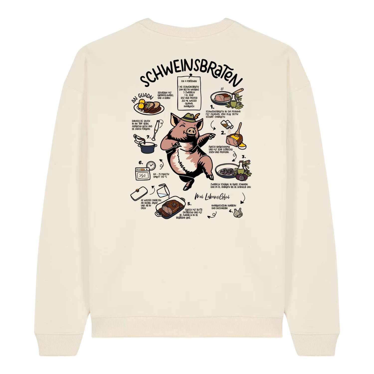 Herren Rezept Pullover "Schweinsbraten" mit detaillierter Anleitung auf der Rückseite und Comic-Schwein.