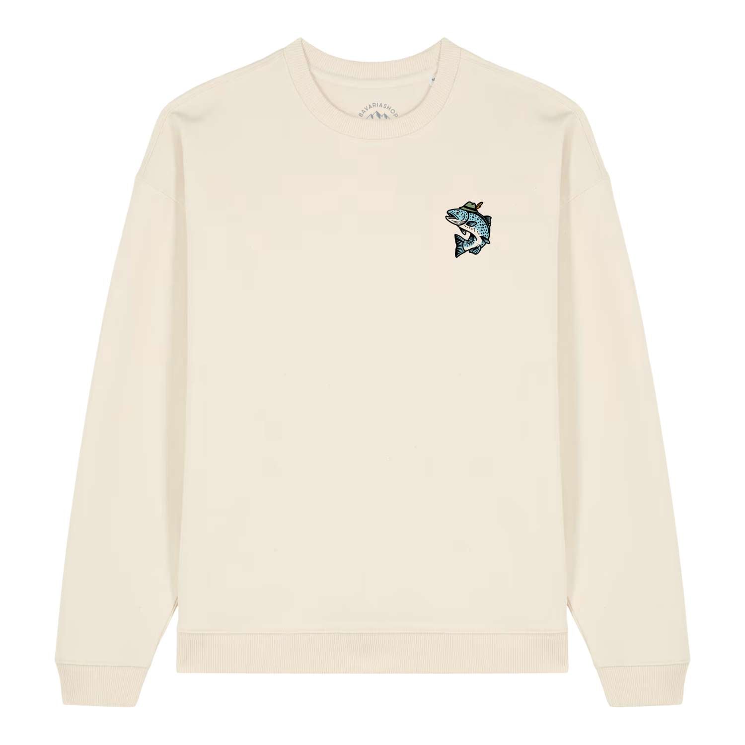 Beiger Herren Rezept Pullover Steckerlfisch mit blauem Fischmotiv inklusive Hut auf der Brust.
