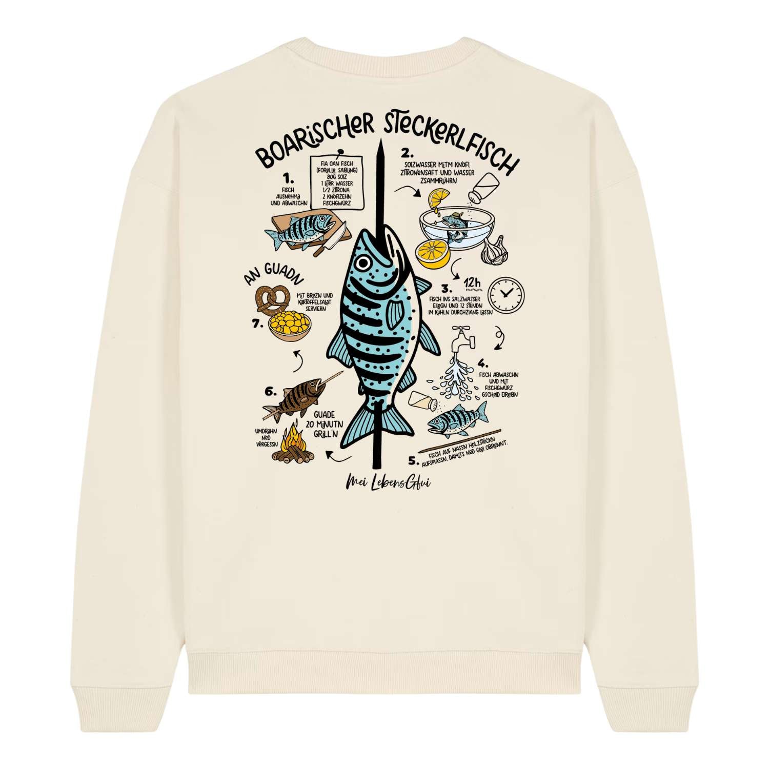 Herren Rezept Pullover Steckerlfisch mit detailreicher Anleitung für die Zubereitung von bayerischem Steckerlfisch, beige.