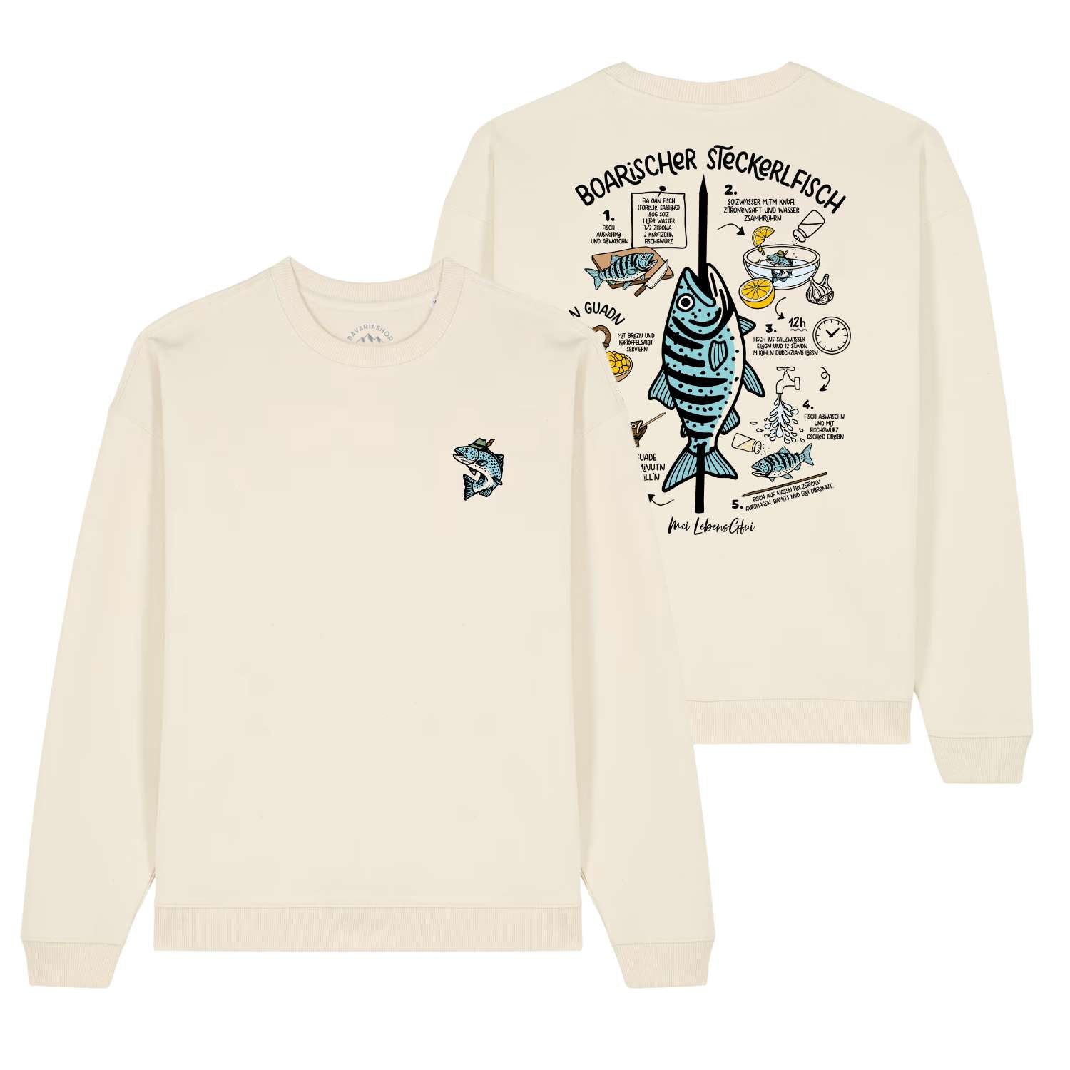 Herren Rezept Pullover "Steckerlfisch" in creme mit bayerischem Fischrezept-Print auf der Rückseite und kleinem Fisch-Logo auf der Brust.