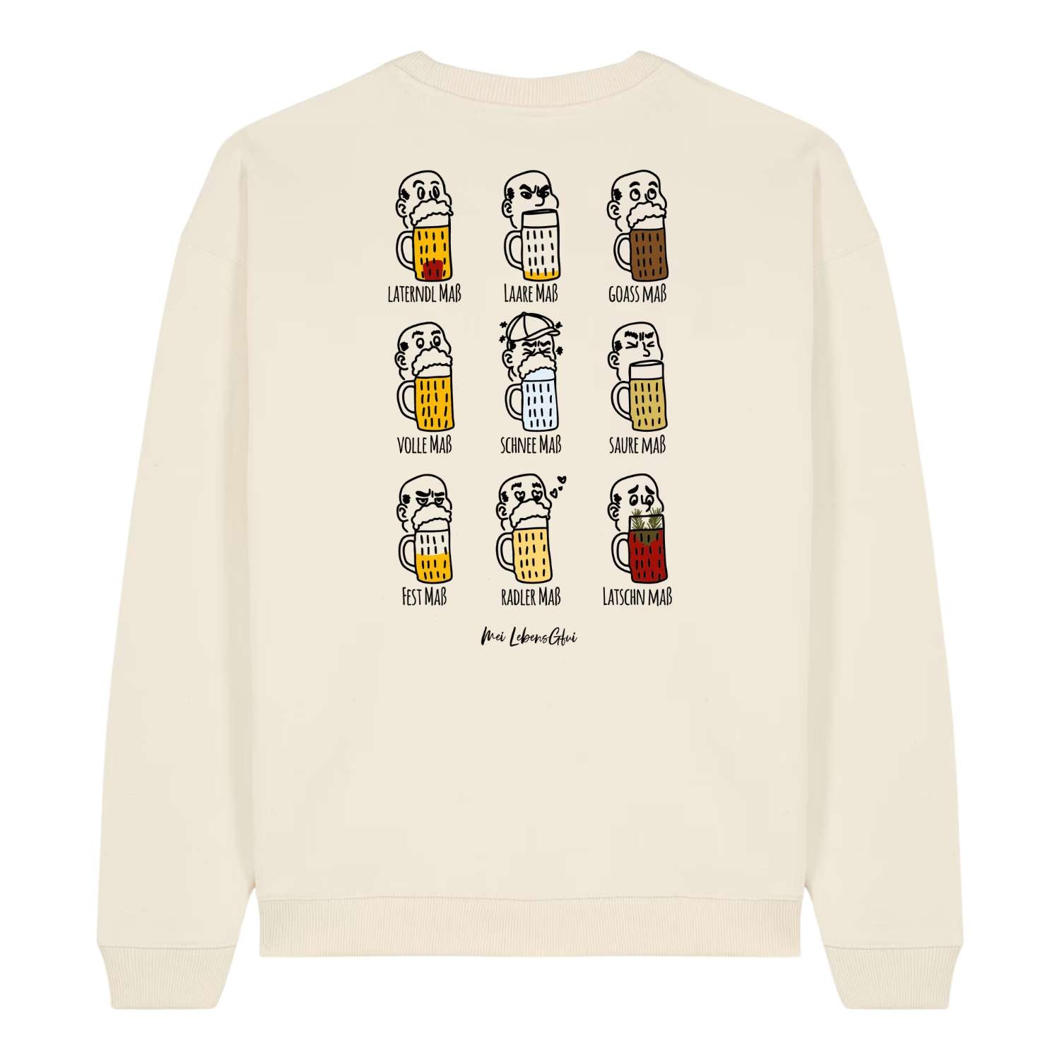 Herren Rezept Pullover Pack Maß, cremefarben, mit lustigen bayerischen Bierkrug-Illustrationen auf dem Rücken.