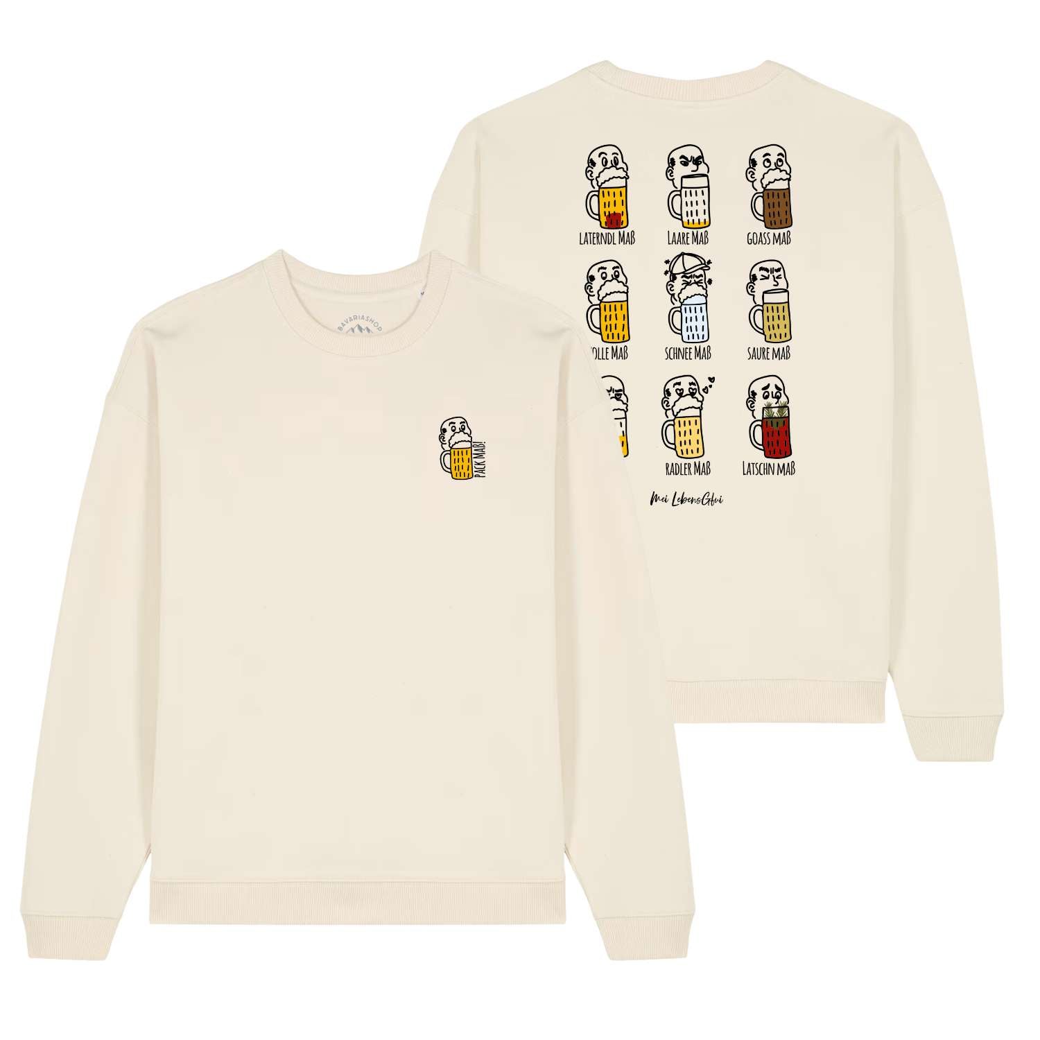 Herren Rezept Pullover Pack Maß beige, mit kleinem Bierkrug-Motiv vorne und 9 weiteren auf dem Rücken.