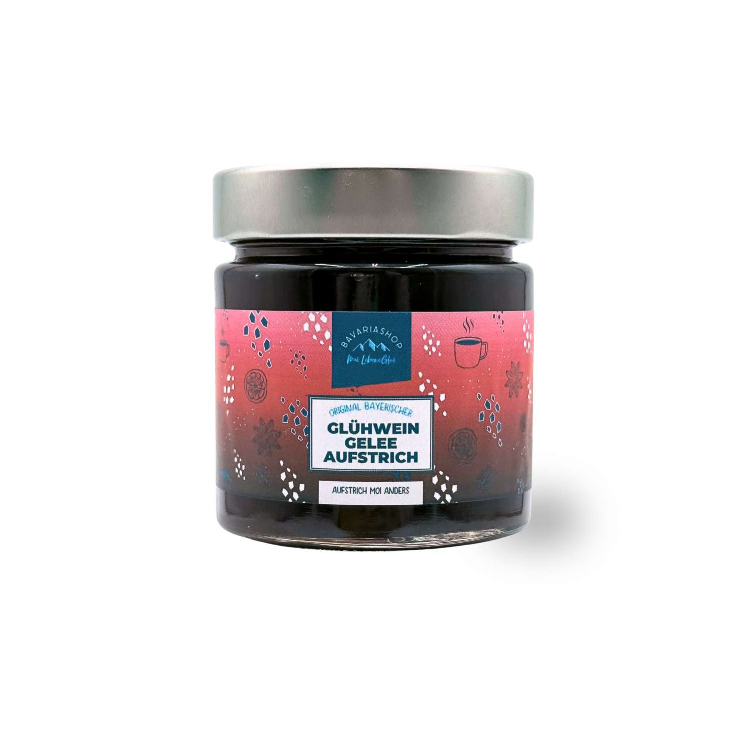 Glühwein-Gelee Fruchtaufstrich in Glas, mit rotem Etikett und winterlichen Motiven für die Adventszeit.