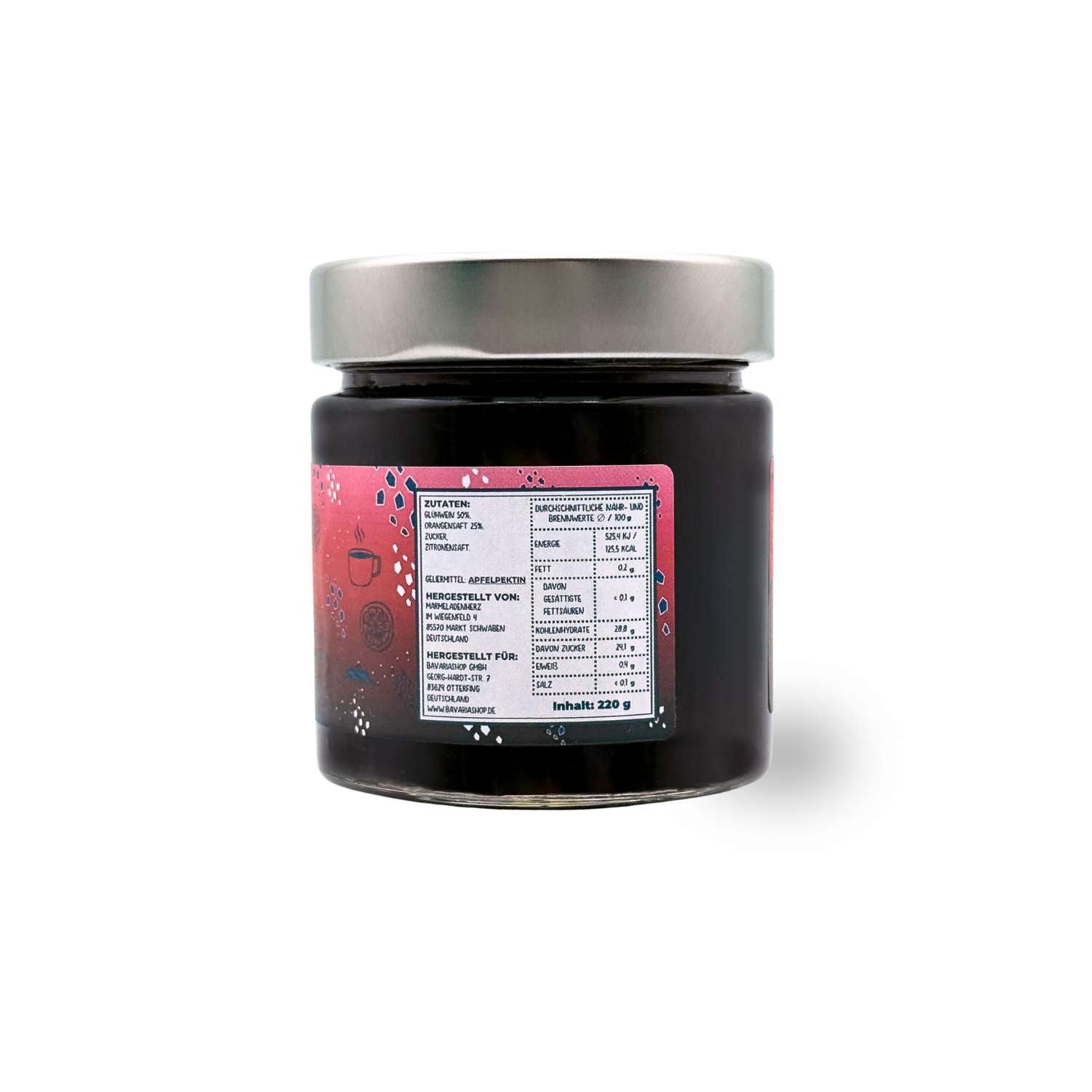 Glas Winterlicher Fruchtaufstrich Glühwein-Gelee mit Zutatenliste, Nährwerten und Herstellerinfos auf Etikett.