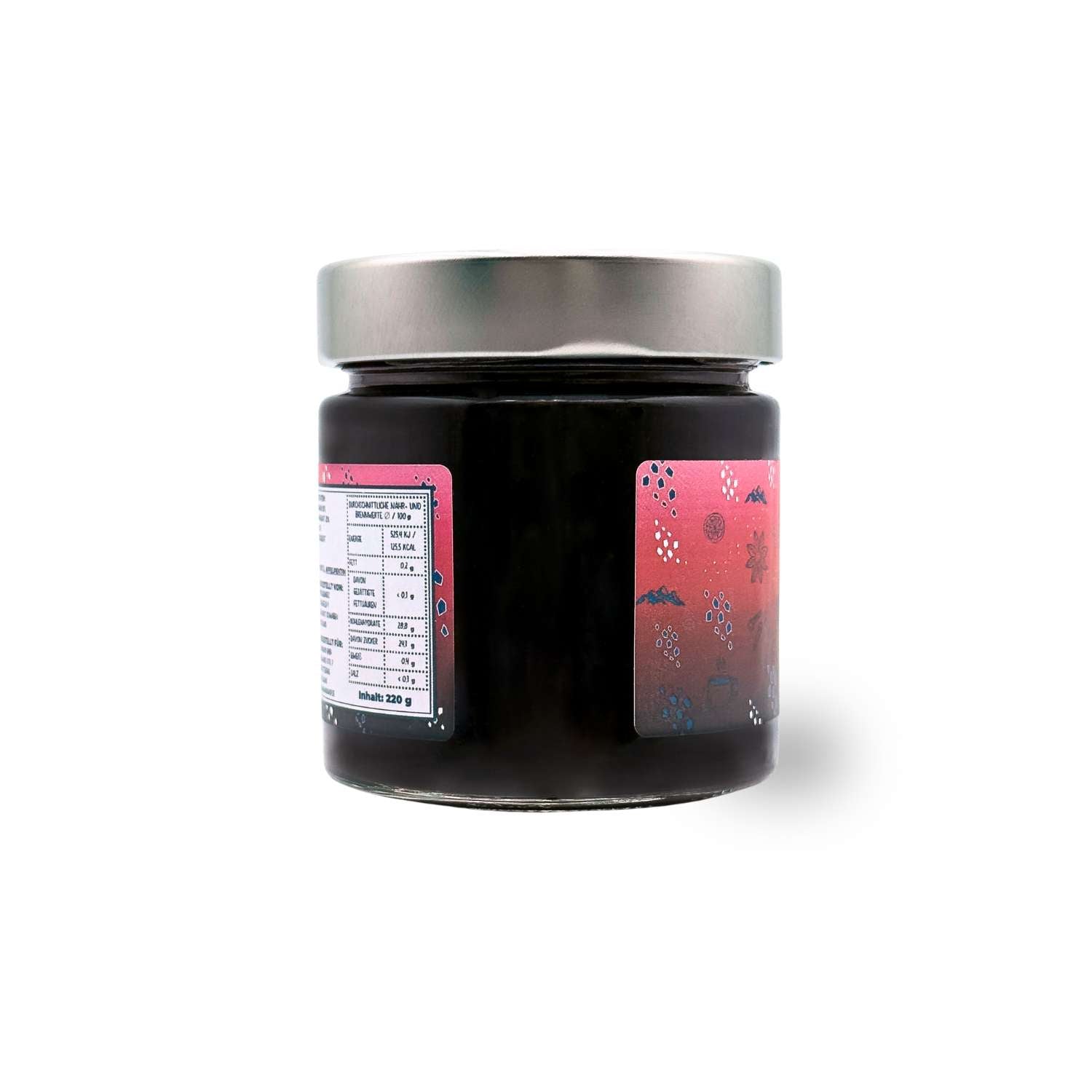 Winterlicher Fruchtaufstrich Glühwein-Gelee im Glas mit Nährwerttabelle und modernem roten Etikett, 220g.