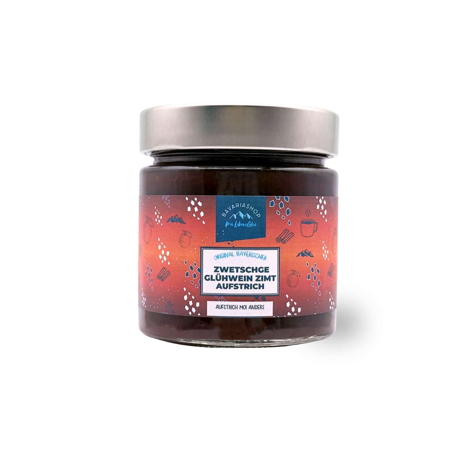 Winterlicher Fruchtaufstrich Zwetschge-Glühwein-Zimt in Glas mit buntem Etikett und silbernem Deckel.
