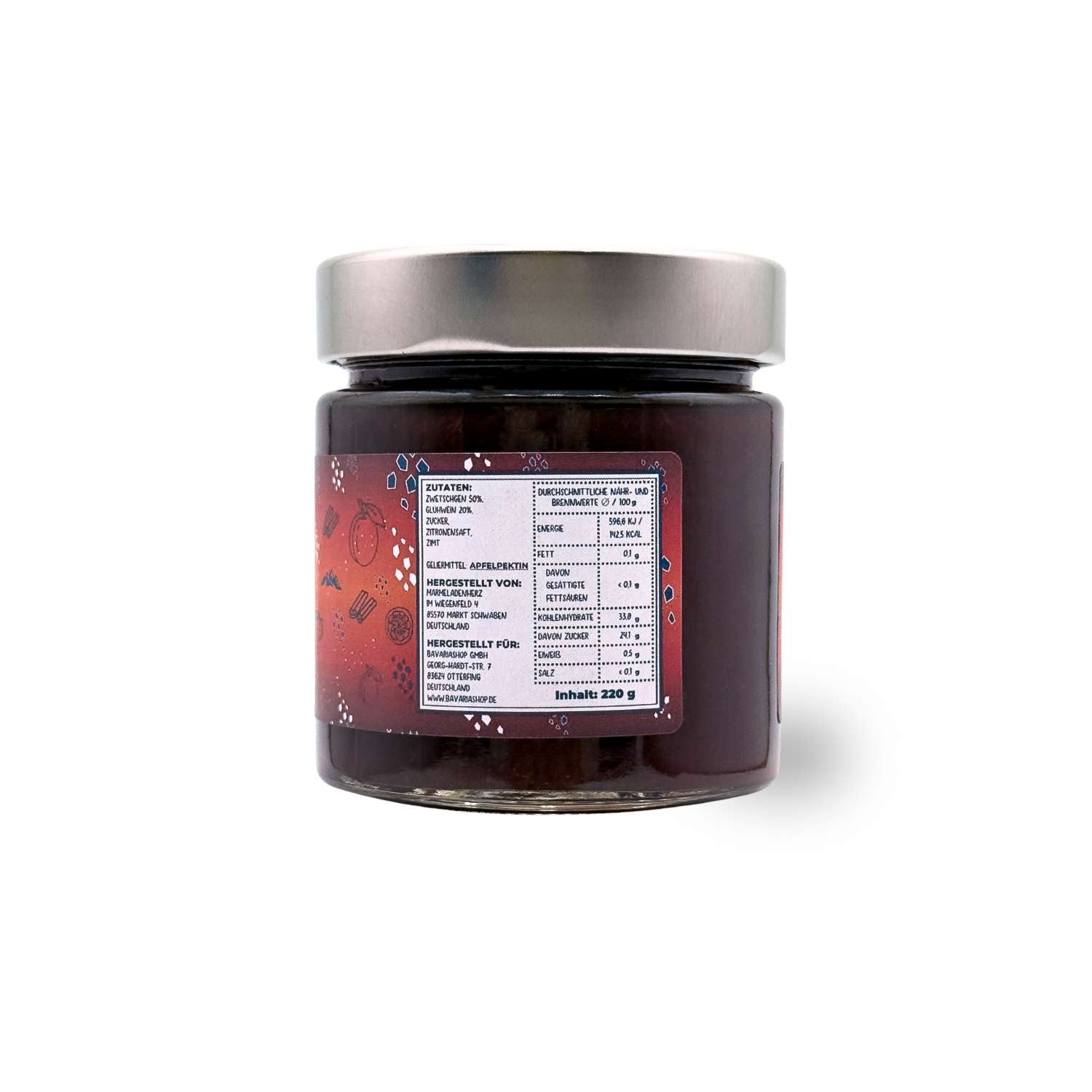 Winterlicher Fruchtaufstrich Zwetschge-Glühwein-Zimt Glas mit Zutatenliste und Nährwertangaben.