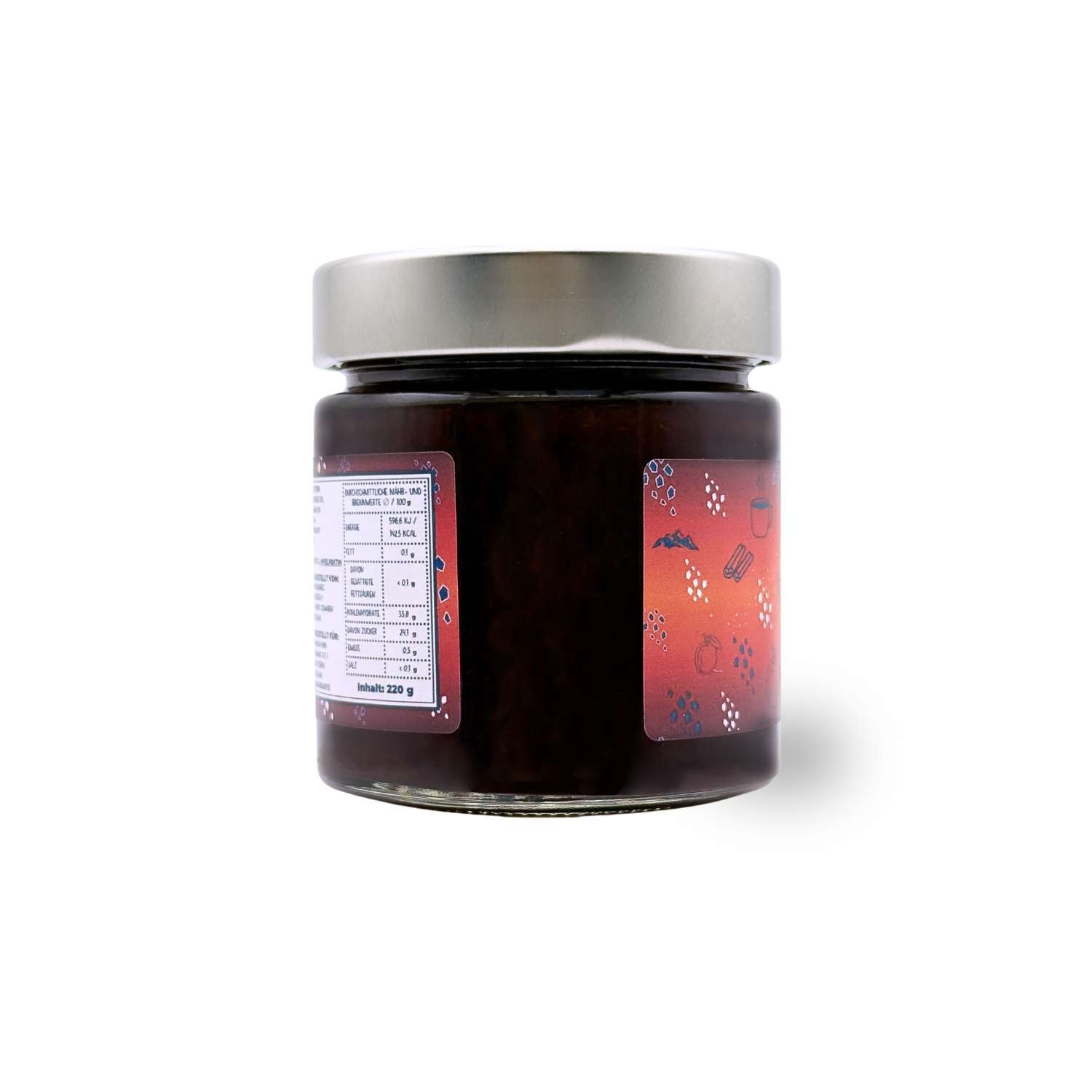 Winterlicher Fruchtaufstrich Zwetschge-Glühwein-Zimt im Glas mit Nährwertangaben und weihnachtlichem Etikett.