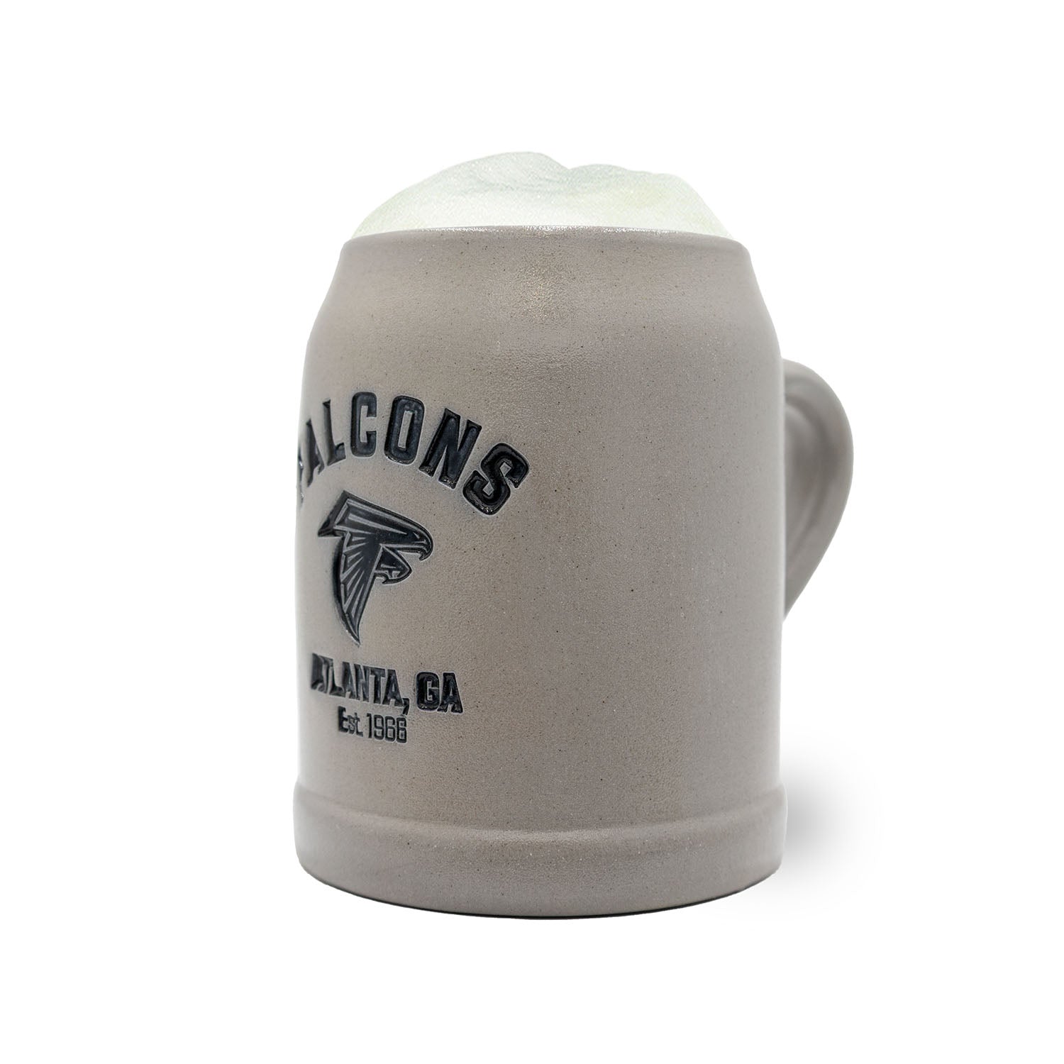 Grauer ®NFL PREMIUM Teamkrug Atlanta Falcons mit Schaumkrone, schwarzem Logo und bayerischem Aufdruck.