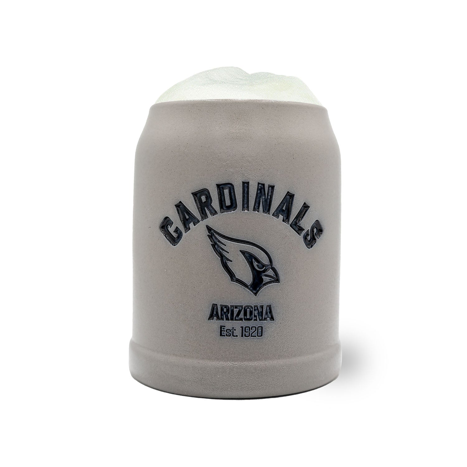 Grauer ®NFL PREMIUM Teamkrug Arizona Cardinals mit dunklem Logo und Schaumkrone, Keramik Bierseidel.