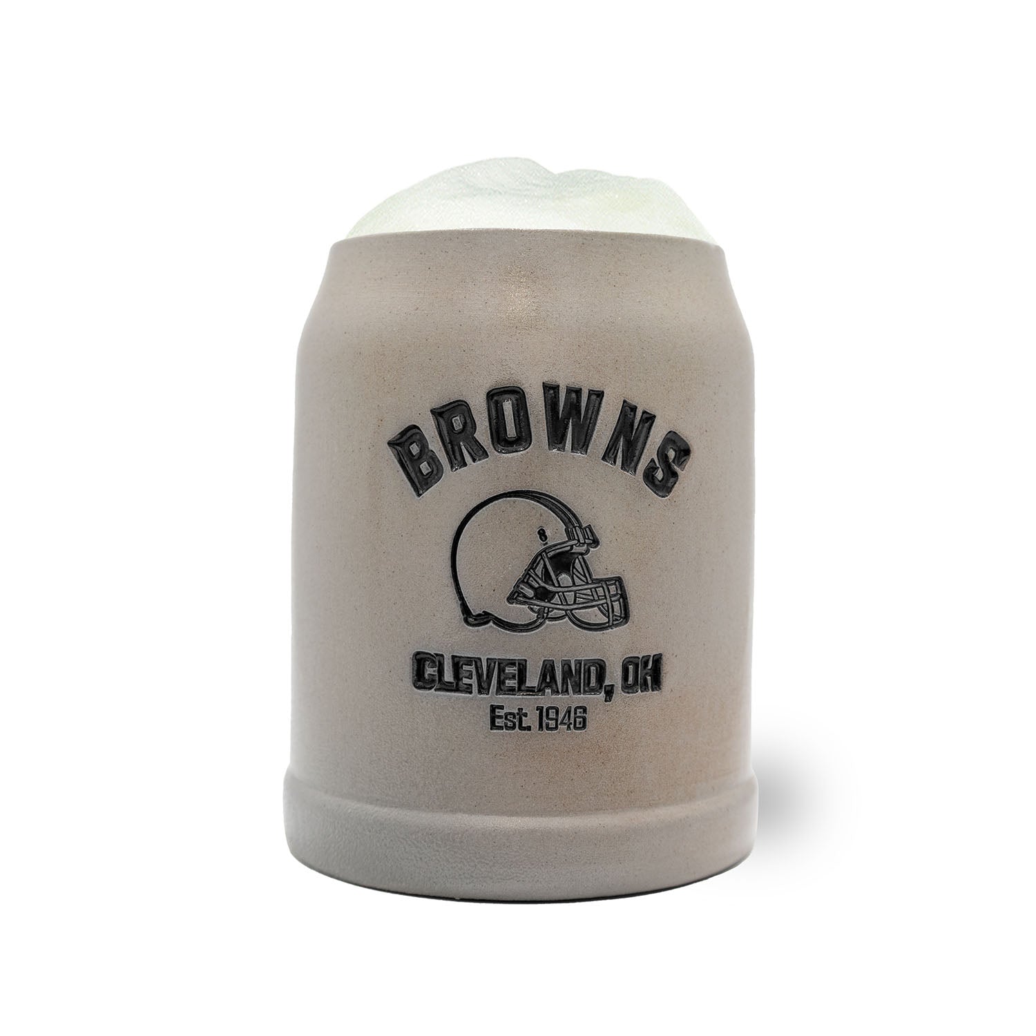 ®NFL PREMIUM Teamkrug Cleveland Browns aus grauem Steinzeug mit schwarzem Logo, Helm und EST. 1946 Schriftzug.