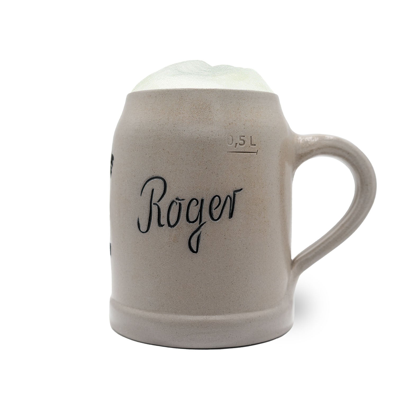 Grauer Keramik-Bierkrug mit der Aufschrift Roger und weißem Schaum, 0,5 Liter Markierung, NFL Teamkrug.