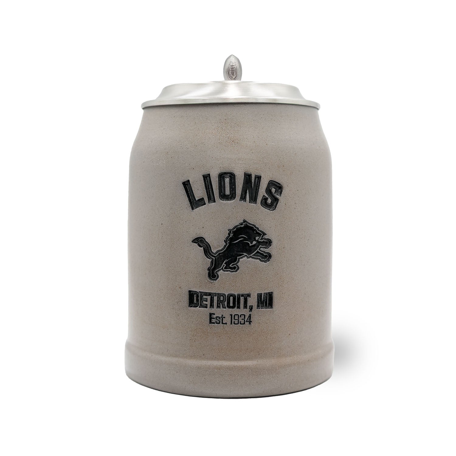 NFL PREMIUM Teamkrug Detroit Lions aus grauem Steinzeug, mit Relief-Emblem, Zinndeckel und Football-Miniatur.