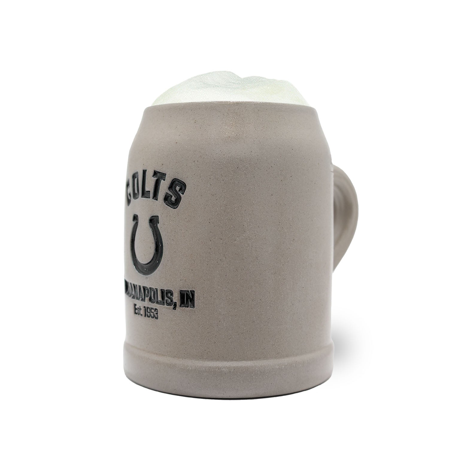 PREMIUM Teamkrug Indianapolis Colts aus grauem Steingut mit schwarzem Logo, gefüllt mit Bierschaum.