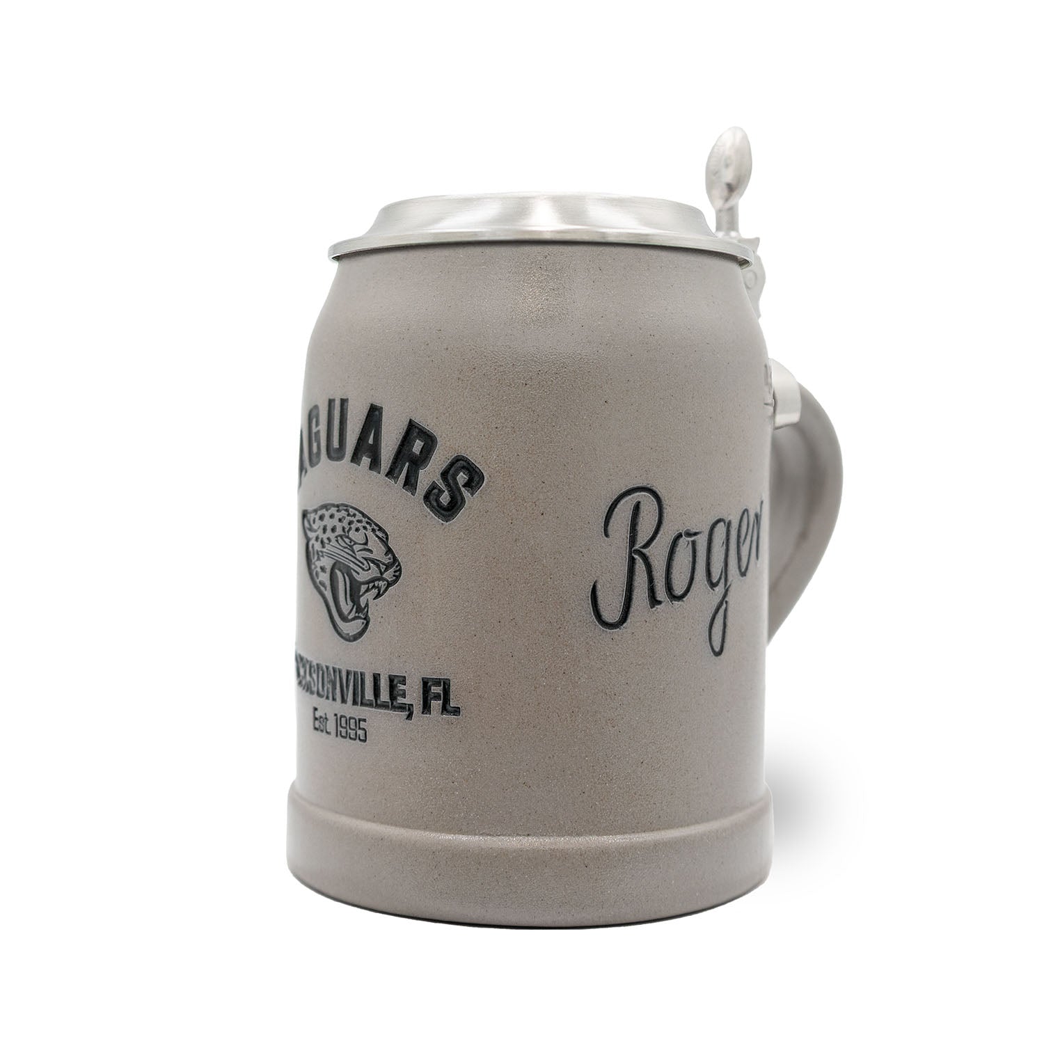 Grauer NFL PREMIUM Teamkrug Jacksonville Jaguars mit Logo, Städtenamen und Zinndeckel, seitlicher Griff.