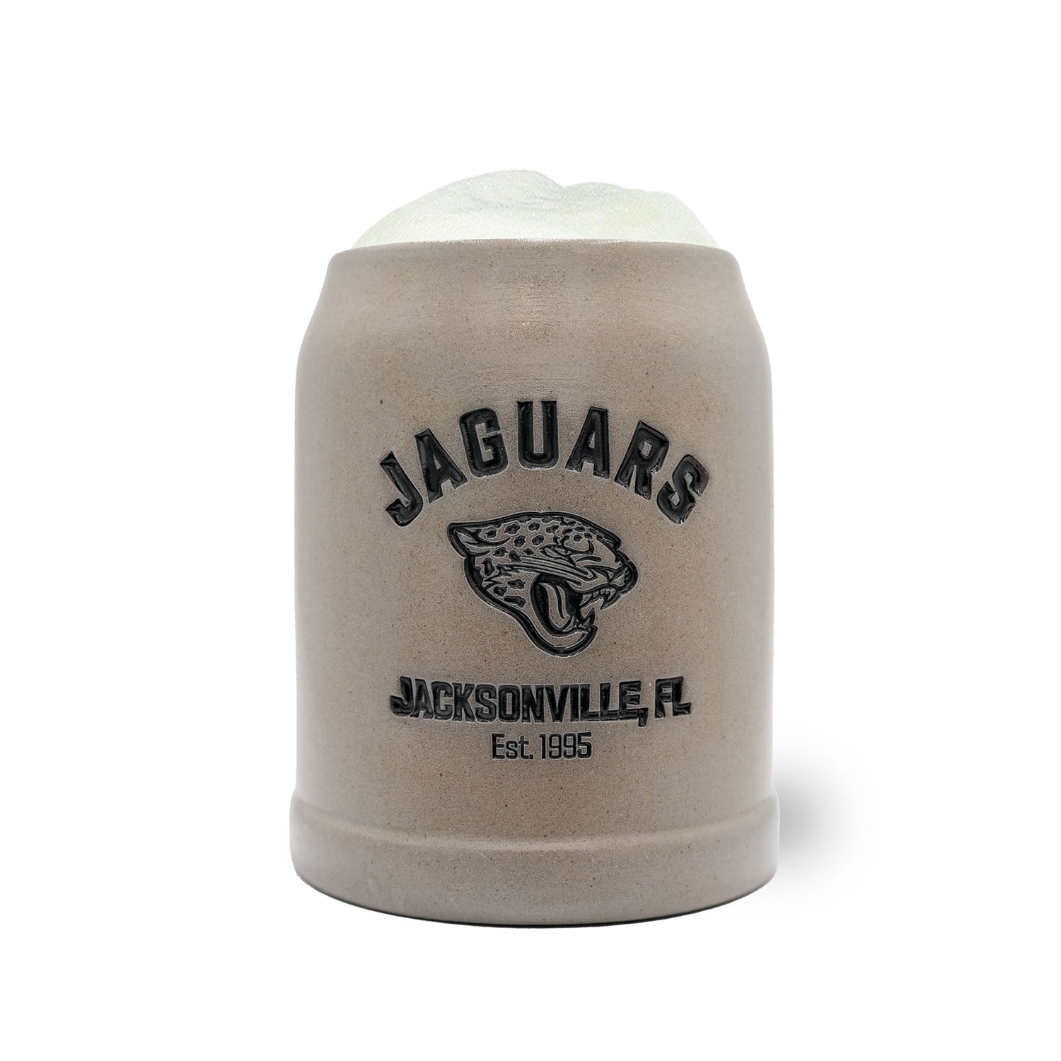 Grauer ®NFL PREMIUM Teamkrug Jacksonville Jaguars aus Stein mit Logo des NFL-Teams, gefüllt mit Schaum.