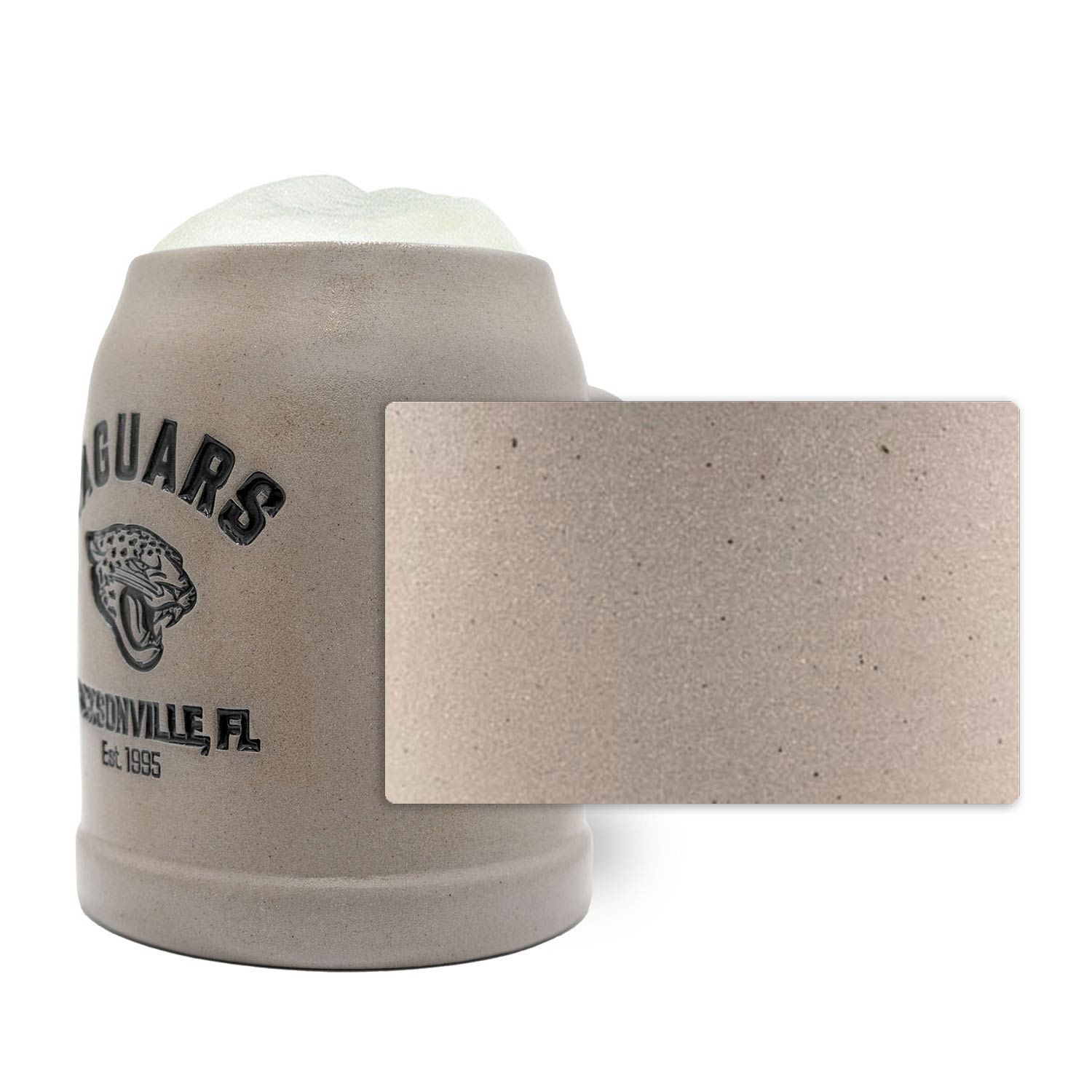 NFL PREMIUM Teamkrug Jacksonville Jaguars, grauer Steinkrug mit schwarzem Jaguars Logo und Texturdetail.