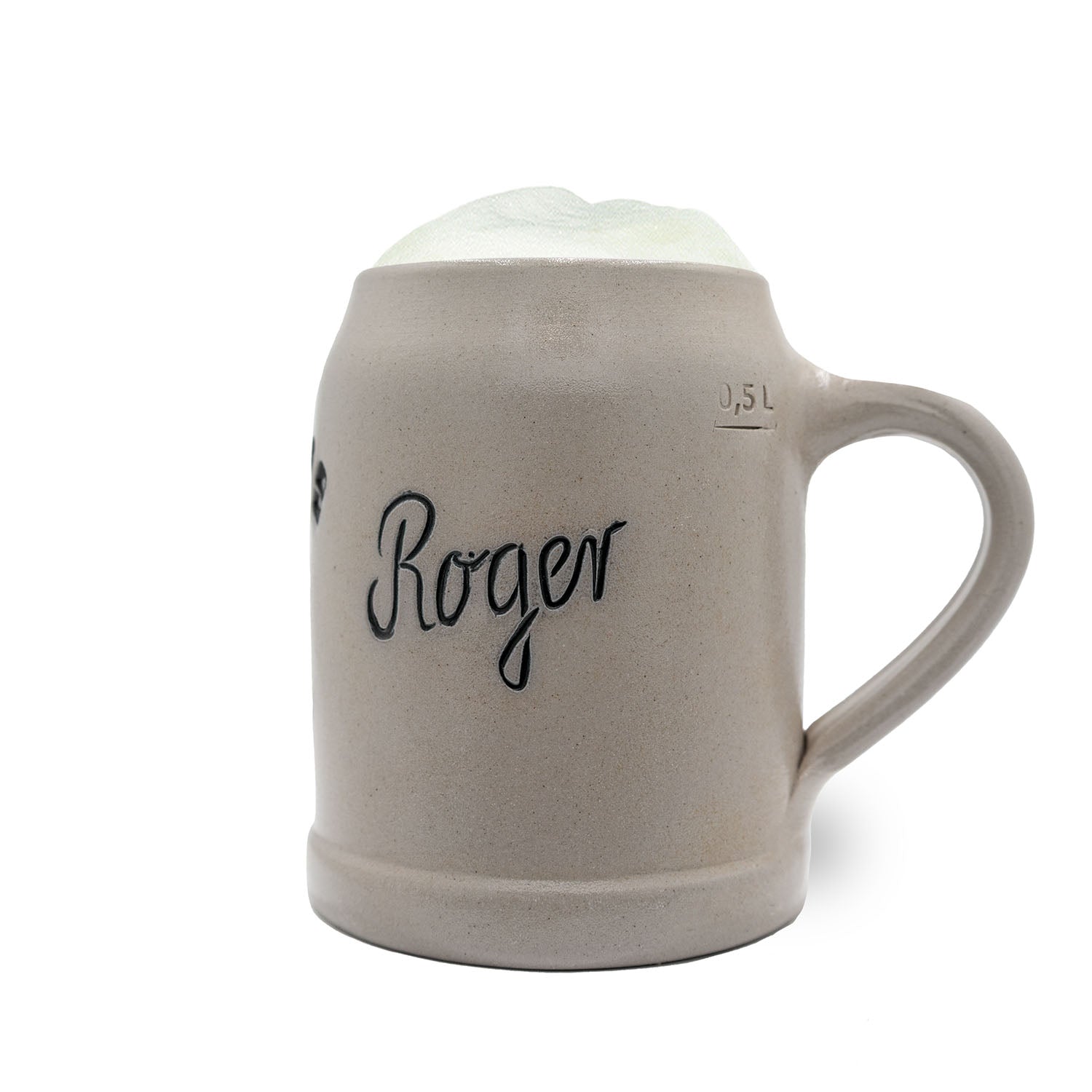 Grau-brauner 0,5 L ®NFL PREMIUM Teamkrug Kansas City Chiefs mit Schriftzug Roger und Bierschaum.