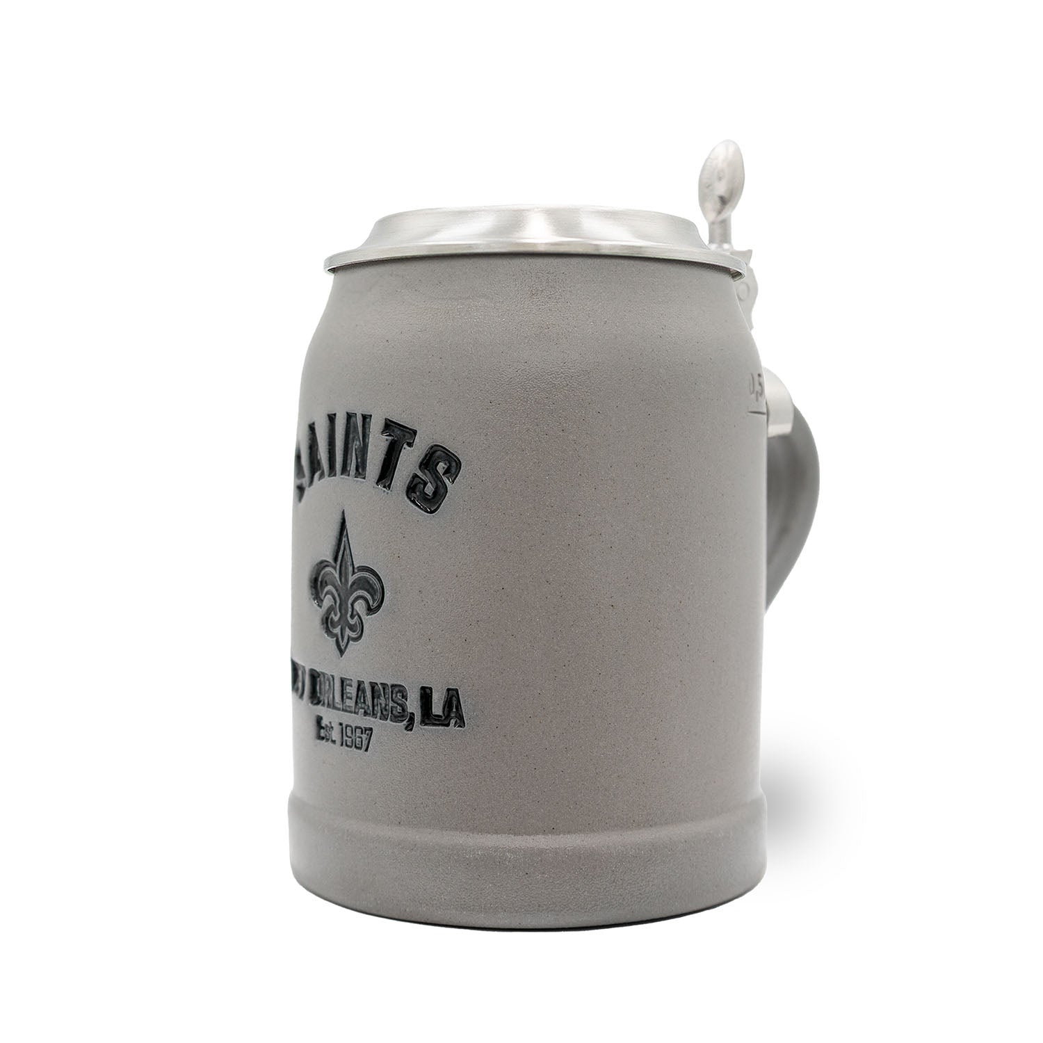 ®NFL PREMIUM Teamkrug New Orleans Saints aus grauem Steinzeug mit Zinndeckel und Logo-Prägung.
