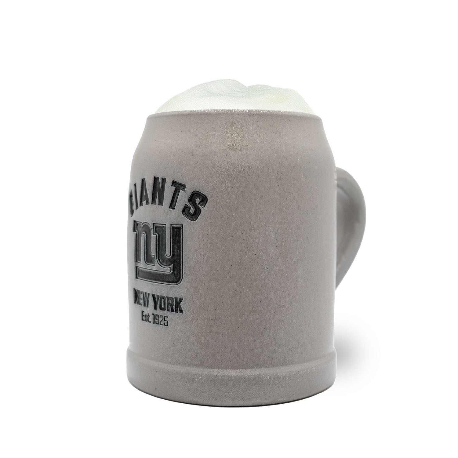 Grauer NFL PREMIUM Teamkrug New York Giants mit schwarzem Logo, Schaumkrone und Henkel für Fans.