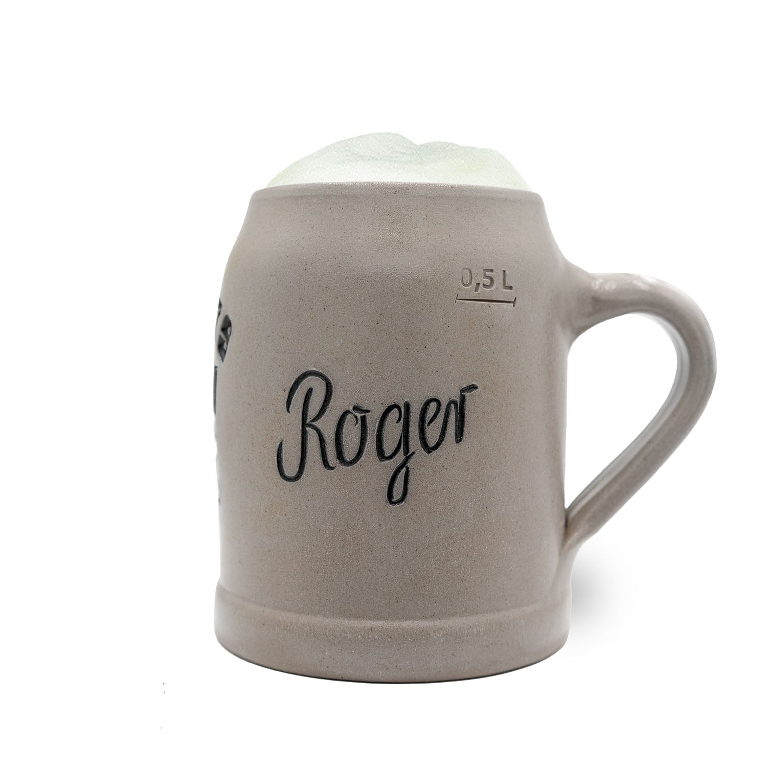 Grauer Steinkrug mit „Roger“ Aufschrift, Schaum und 0,5 L Eichstrich, kein ®NFL PREMIUM Teamkrug New York Giants.