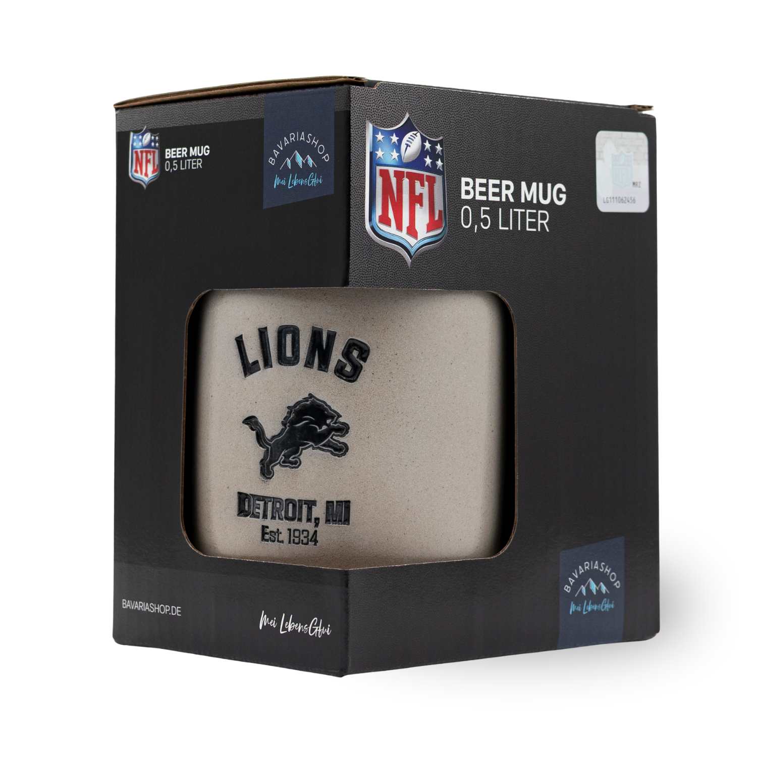 NFL PREMIUM Teamkrug Detroit Lions 0,5 Liter in Geschenkverpackung, graues Design mit schwarzem Emblem.