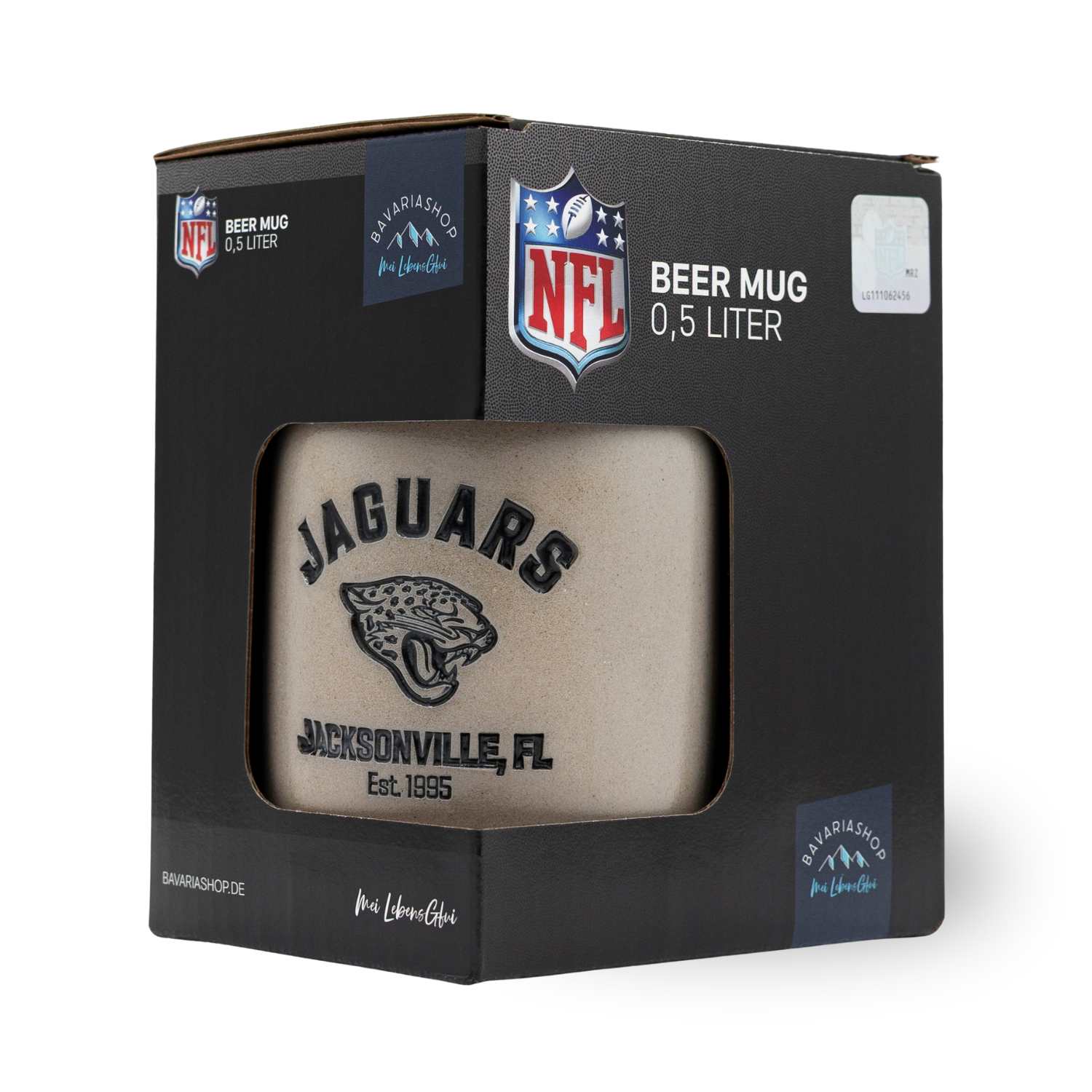 NFL PREMIUM Teamkrug Jacksonville Jaguars in der Originalverpackung, Sichtfenster zeigt Jaguars Logo und Schriftzug.