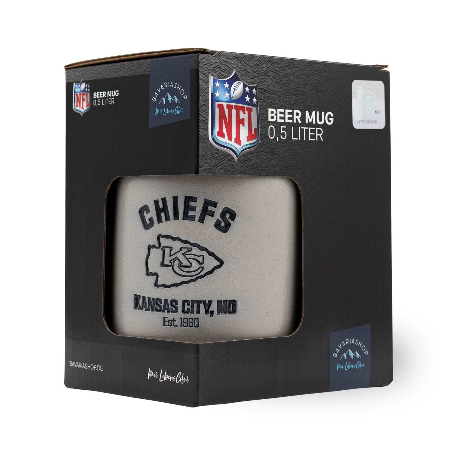 NFL PREMIUM Teamkrug Kansas City Chiefs im Geschenkkarton, 0,5 Liter Steinzeug-Bierkrug mit Logo und Schriftzug.