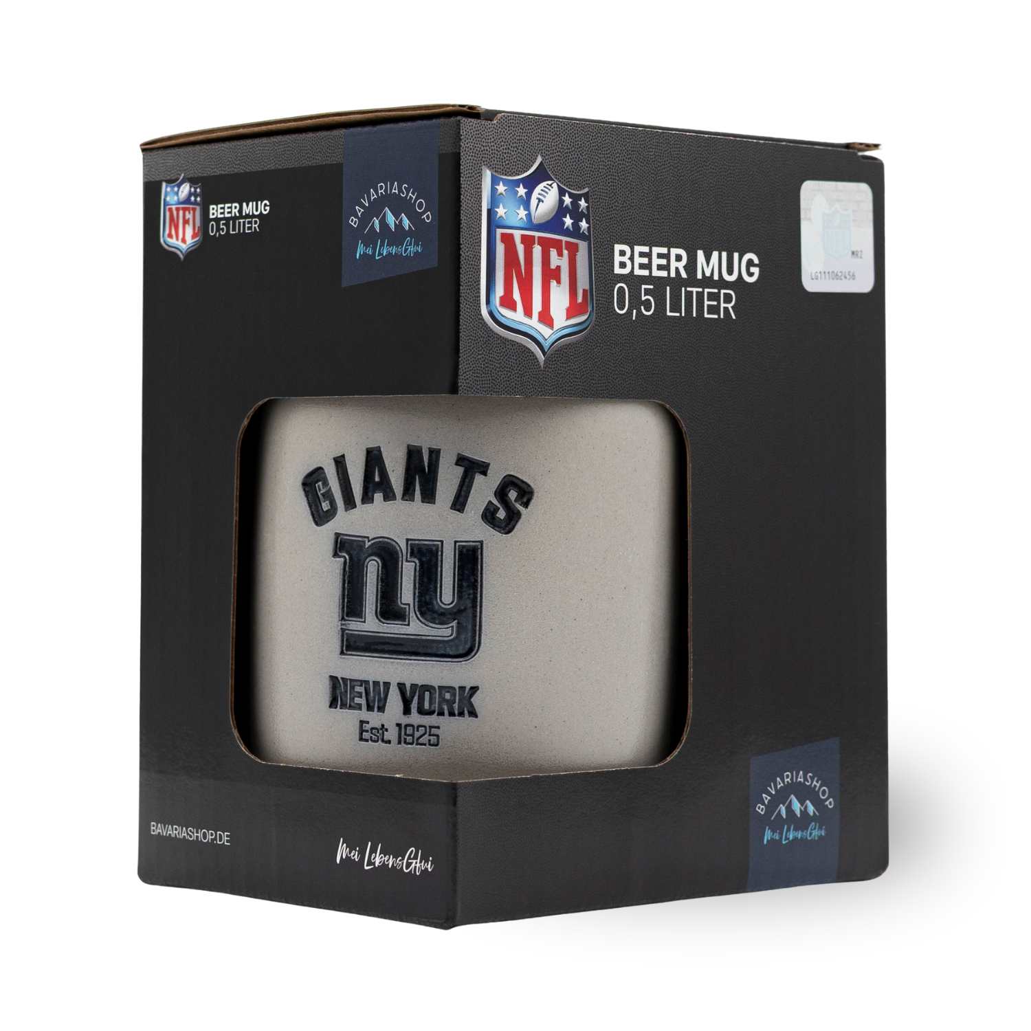 NFL PREMIUM Teamkrug New York Giants in schwarzer Geschenkverpackung, 0,5 Liter Fassungsvermögen, Logo sichtbar.