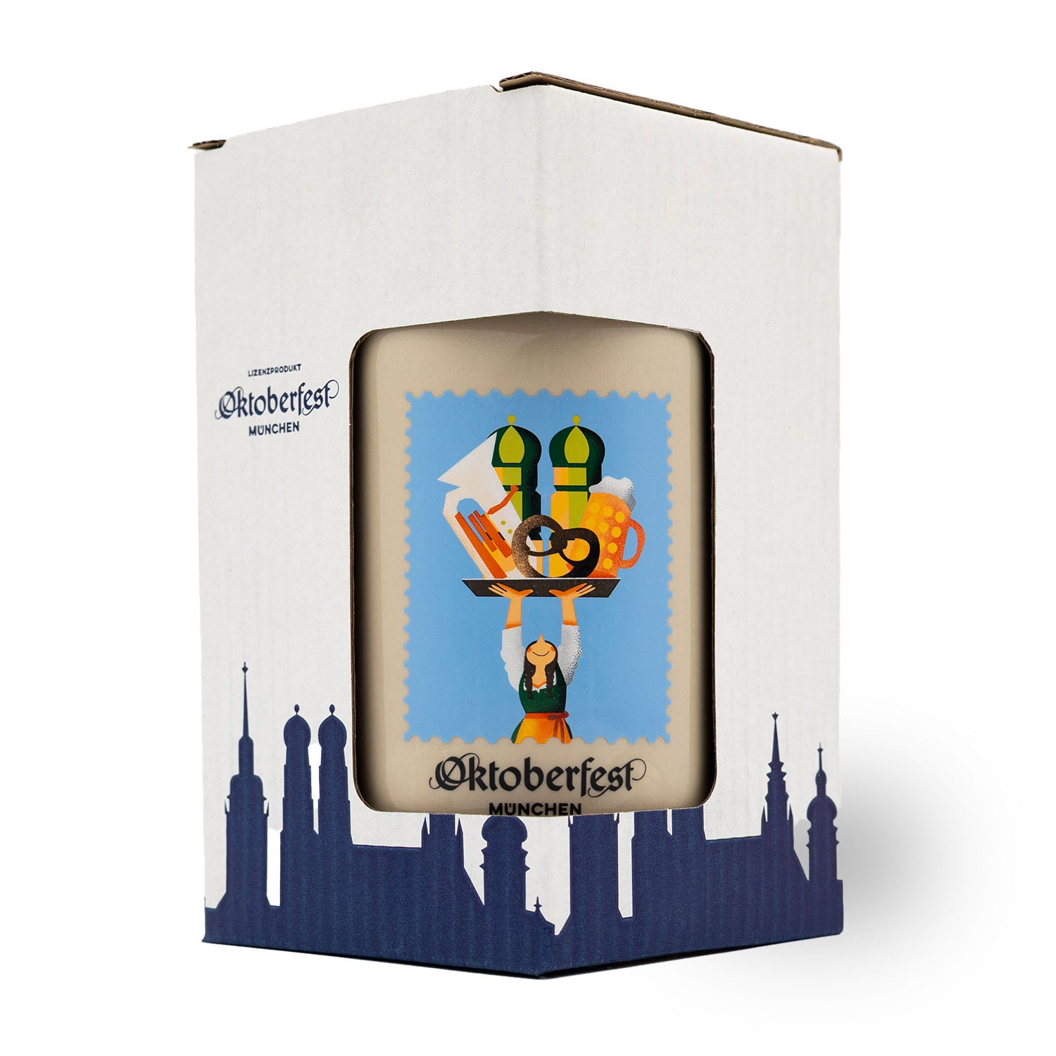 Offizieller Oktoberfestkrug 2025 mit Zinndeckel in Lizenz-Verpackung, Detailansicht des Motivs mit Kellnerin und Bierkrügen.