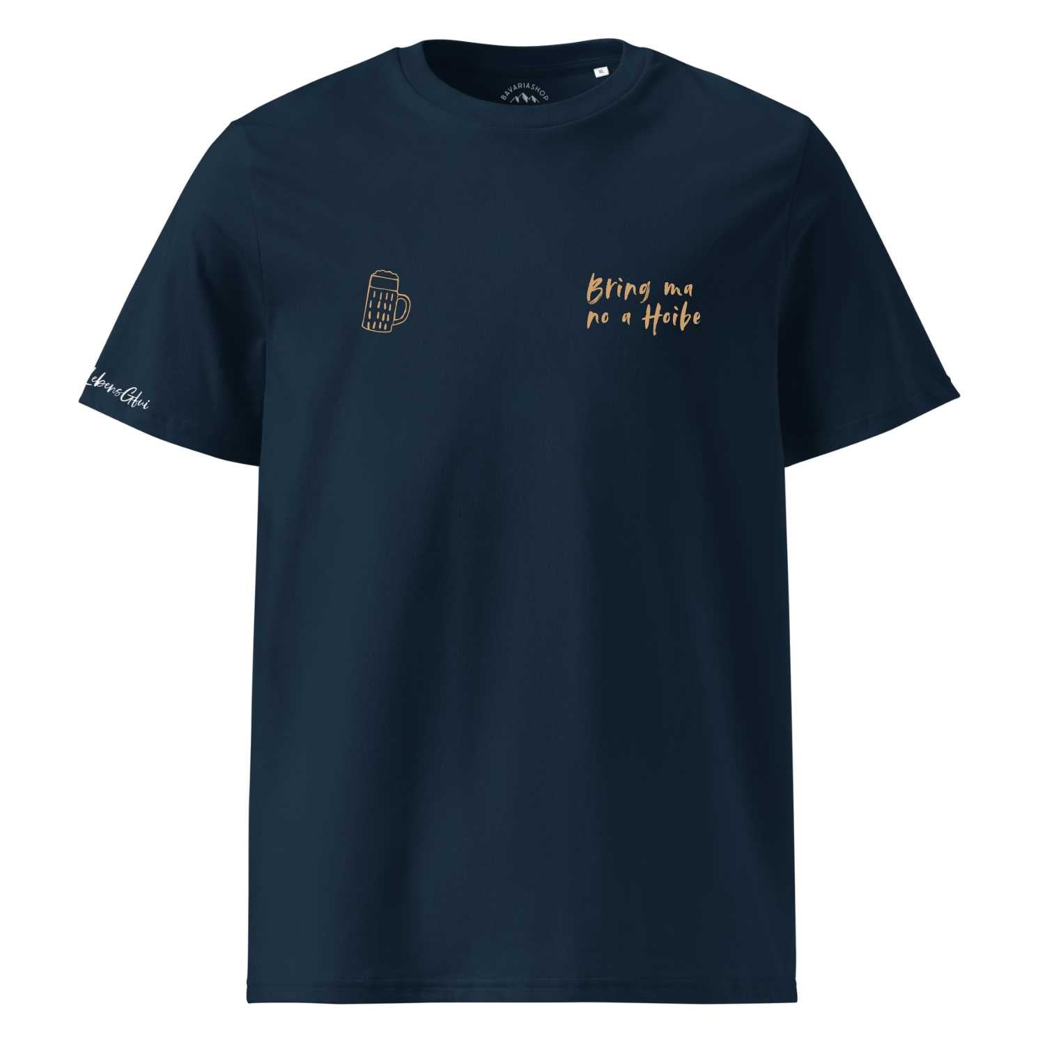 Dunkelblaues Herren T-Shirt "Bring ma no a Hoibe" mit goldenem Bierkrug und Schriftzug auf der Brust.