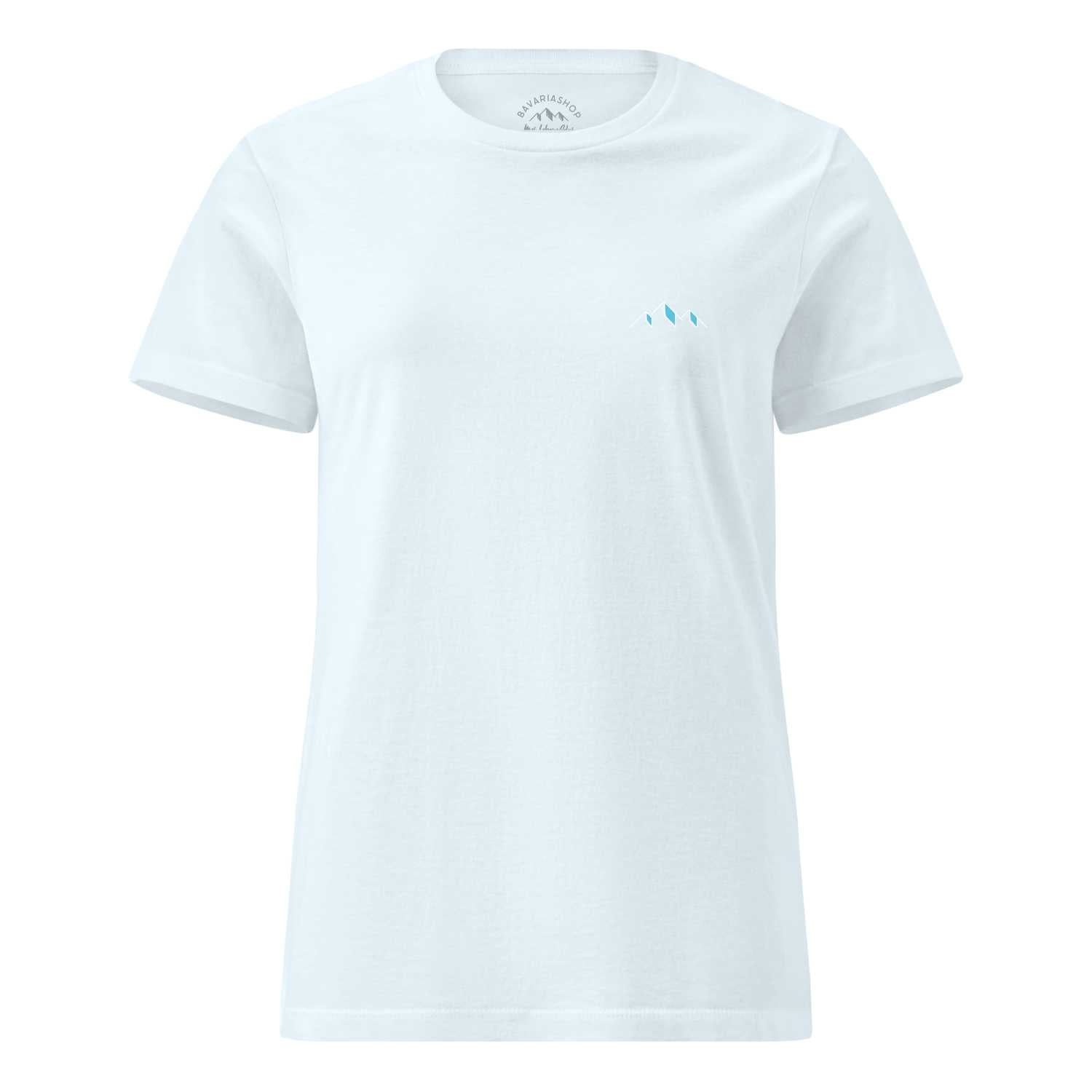Weißes Damen T-Shirt "Himmi Herrgott" aus Baumwolle mit kleinem blauen Bergmotiv auf der Brust.