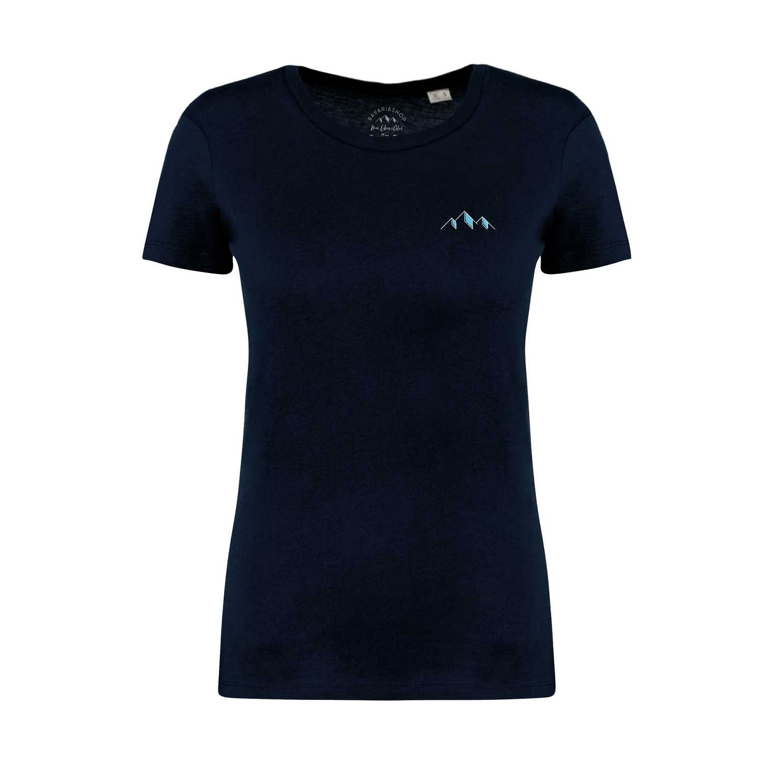 Damen T-Shirt Himmi Herrgott in Marineblau mit dezentem hellblauen Bergmotiv auf der linken Brust.